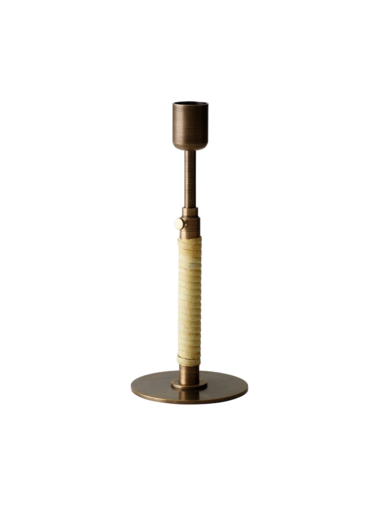 Duca Candleholder in Bronzed Brass, featuring an adjustable stem wrapped in natural rattan, against a black background.
