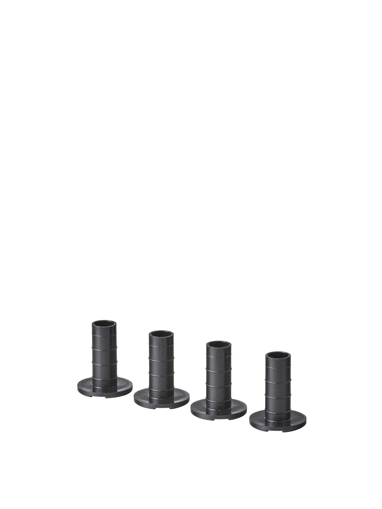 Four black cylindrical plastic furniture leg adapters with flanged bases, shown in a row on white background