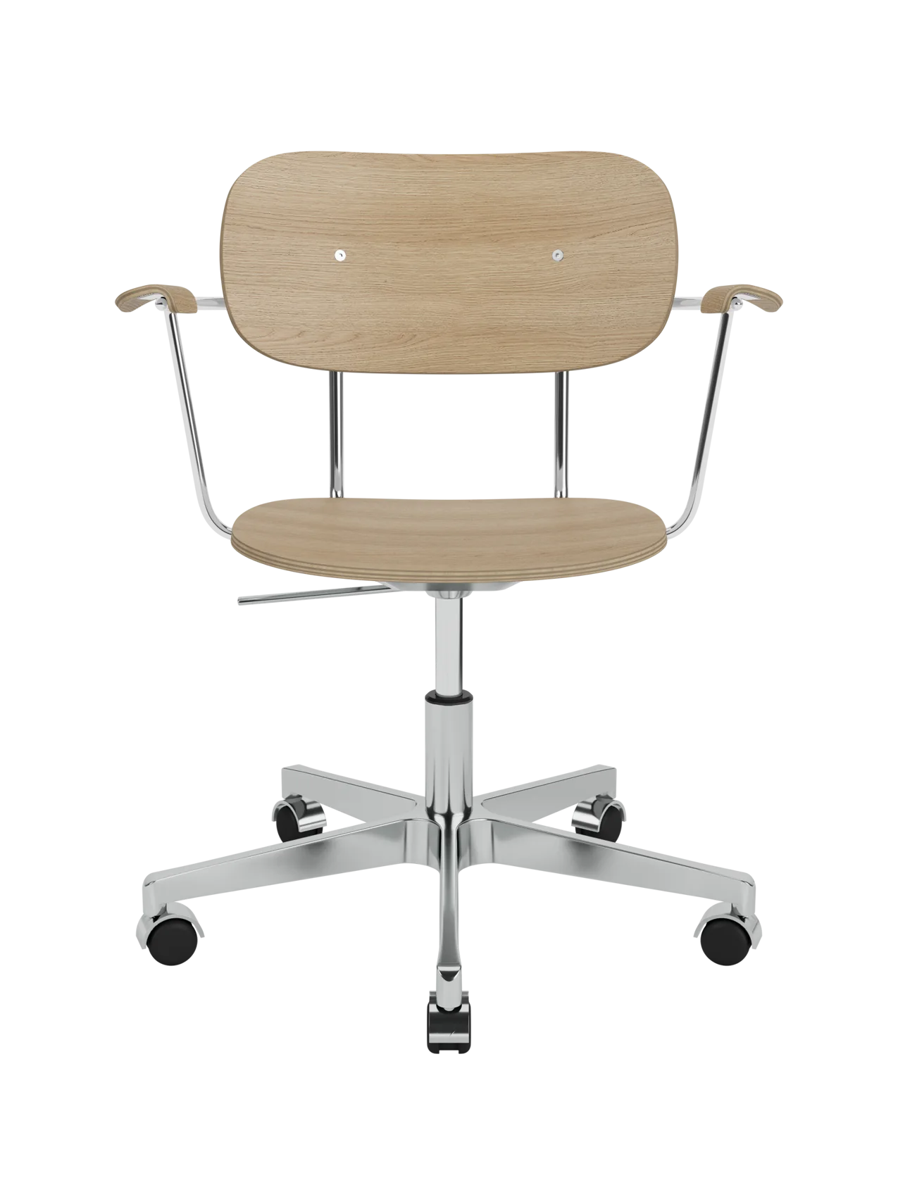 Co Task Chair featuring a natural oak veneer seat and back on a polished aluminium swivel base with five castors.