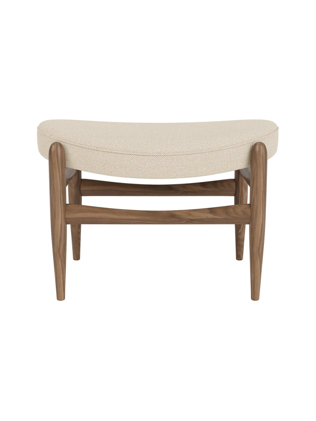A front view of the Elizabeth Ottoman, with a walnut frame and a curved cushion upholstered in light Hallingdal fabric.