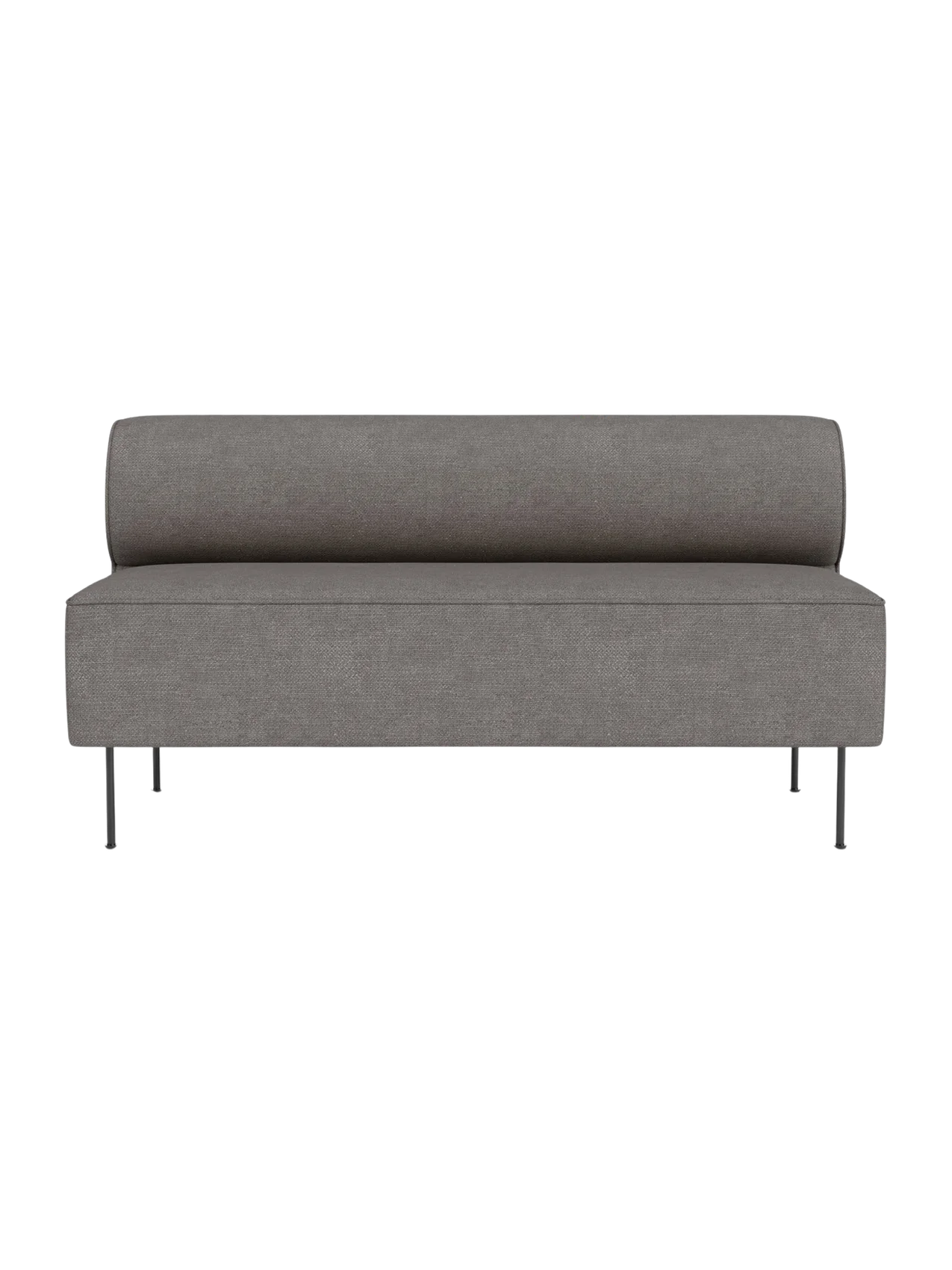 Front view of the Eave Dining Sofa upholstered in grey Audo Bouclé fabric, featuring a rounded backrest and slim metal legs.