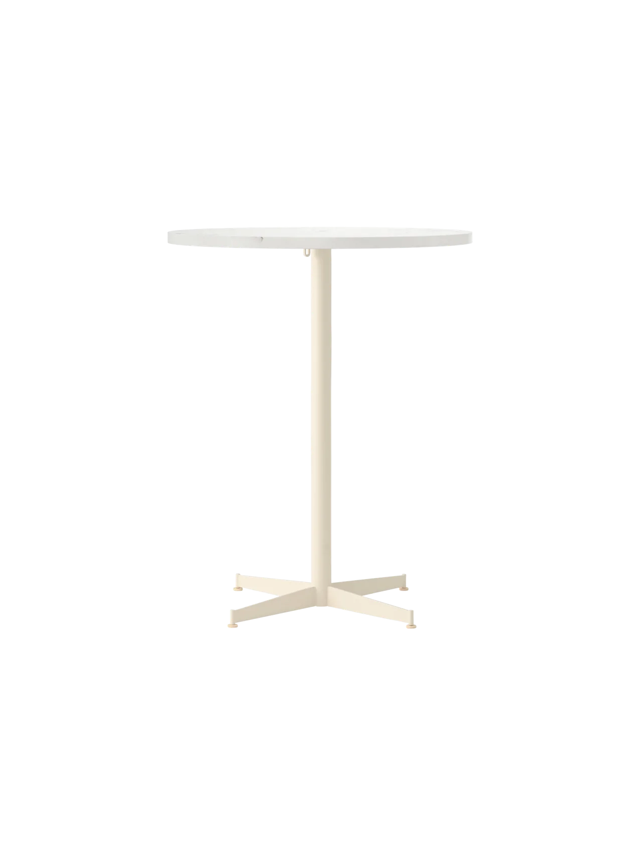 Front view of the Nook Counter Table with a round white tabletop and an ivory-coloured pedestal base with four feet.
