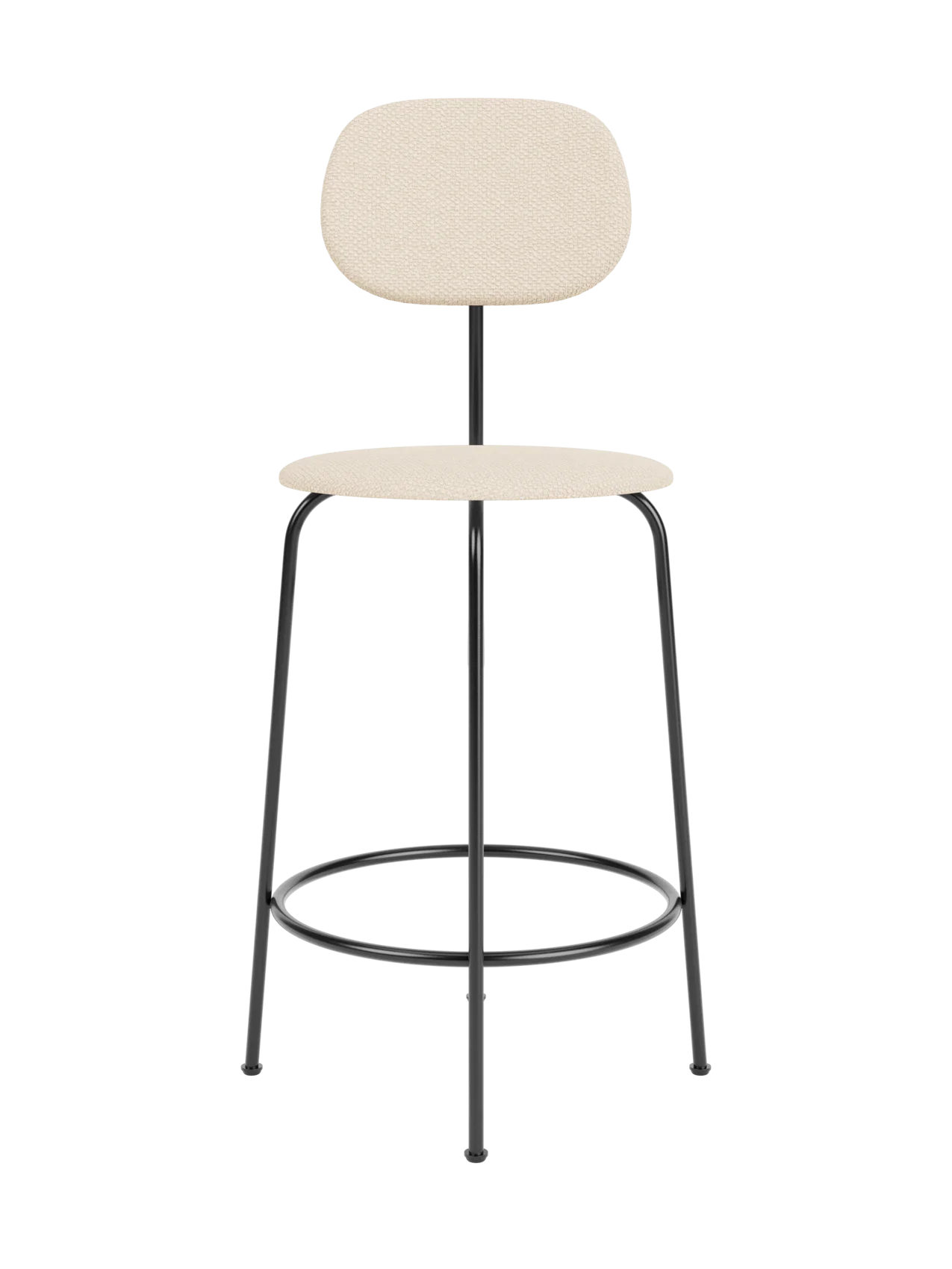 Afteroom Counter Chair Plus in Logan Jasmin beige fabric with a minimalist black powder-coated metal frame and footrest.