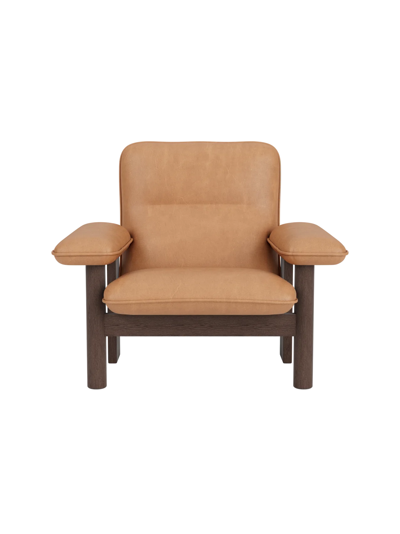 Front-on view of the Brasilia Lounge Chair, High Back, with a dark stained oak frame and plush camel-coloured upholstery.