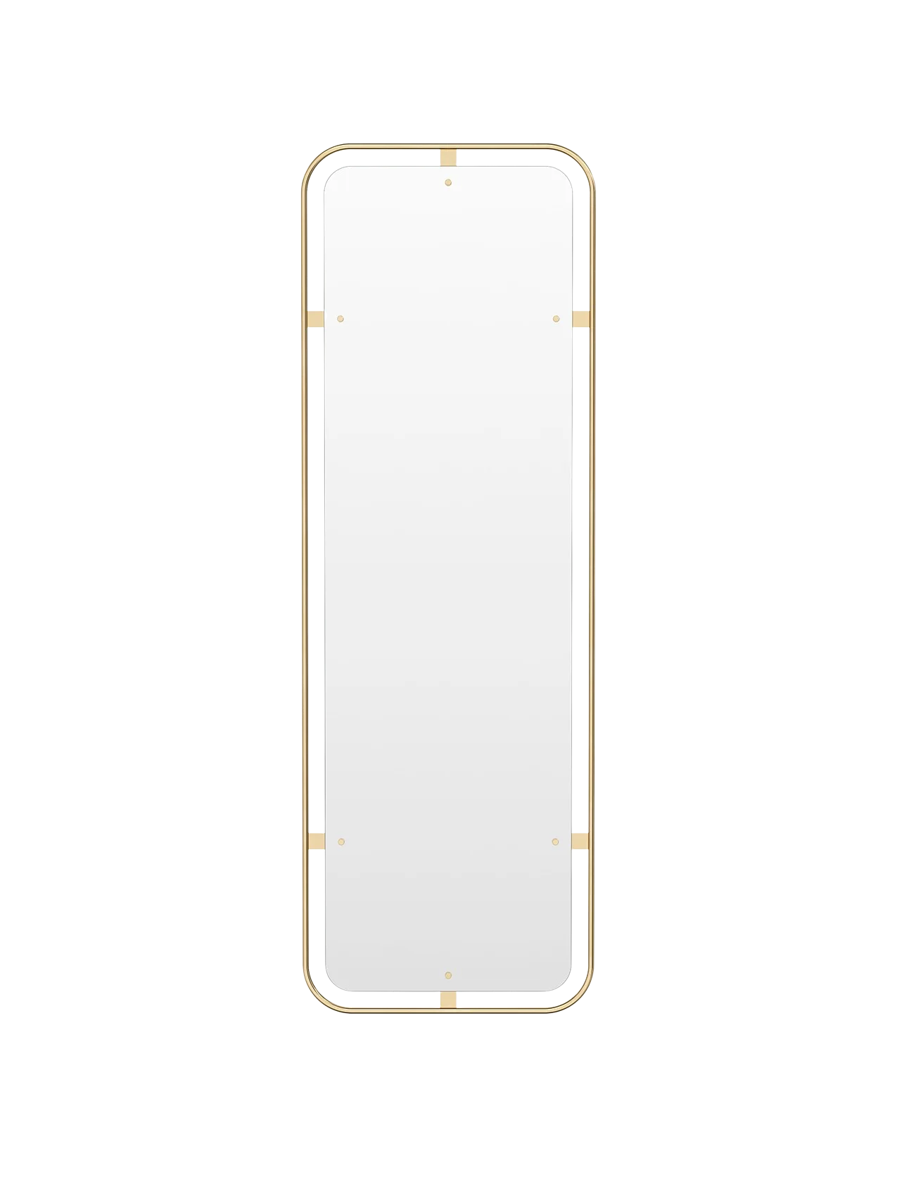 Front view of the Nimbus Rectangular Mirror in polished brass, showing its rounded corners and decorative frame details.