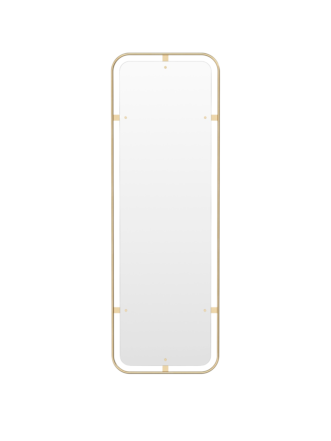 Front view of the Nimbus Rectangular Mirror in polished brass, showing its rounded corners and decorative frame details.