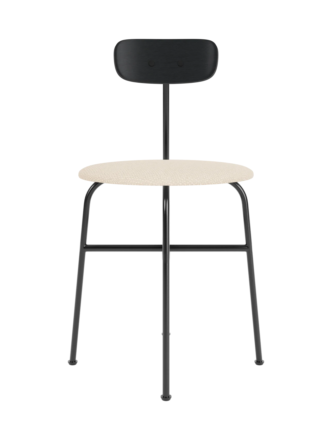Afteroom Dining Chair with a black painted oak backrest, cream Logan Jasmine upholstered seat and black steel frame.