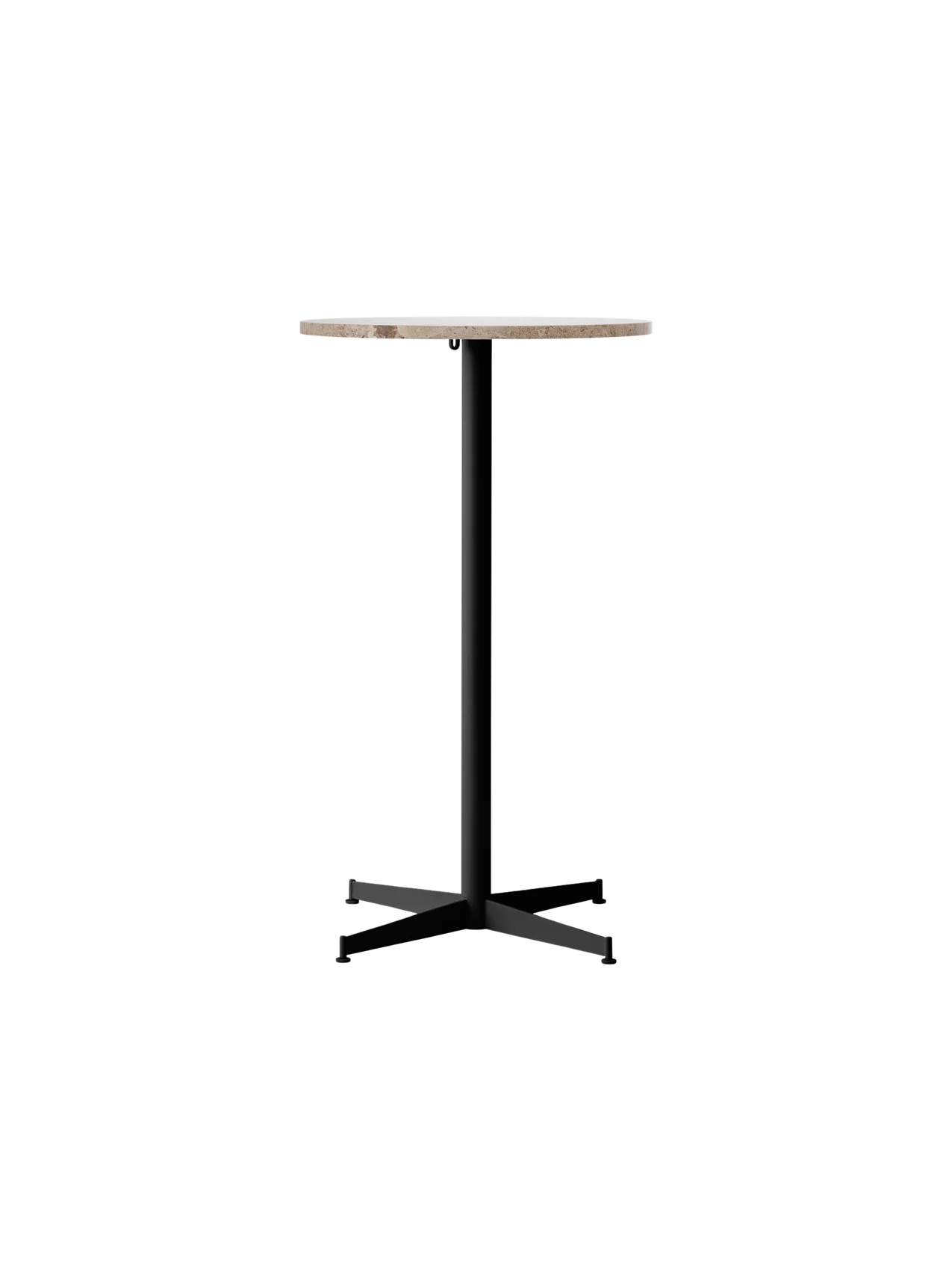 Front view of the Nook Bar Table, featuring a round Kunis Breccia stone top and a slender black powder-coated steel base.