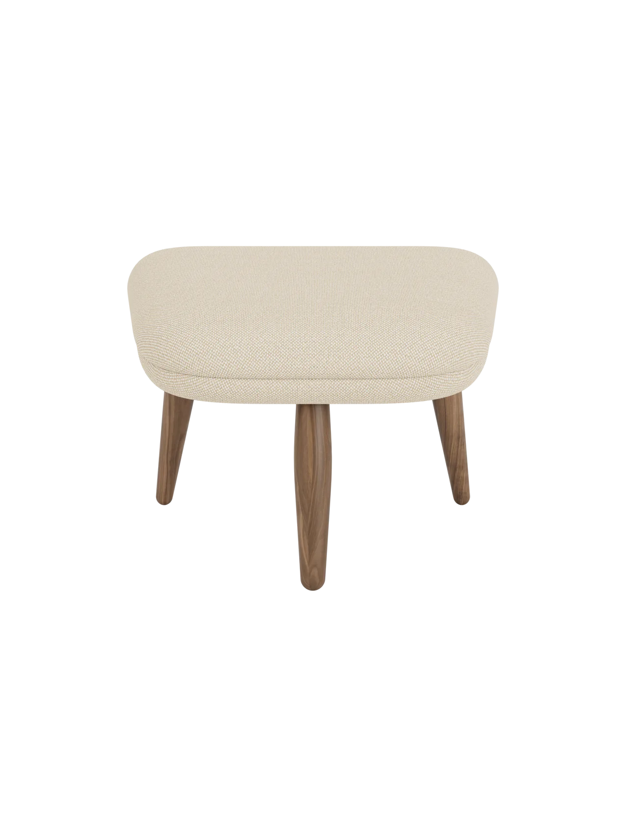Front view of the Oda Ottoman, with a rectangular cushioned seat in light Hallingdal fabric and four tapered walnut legs.