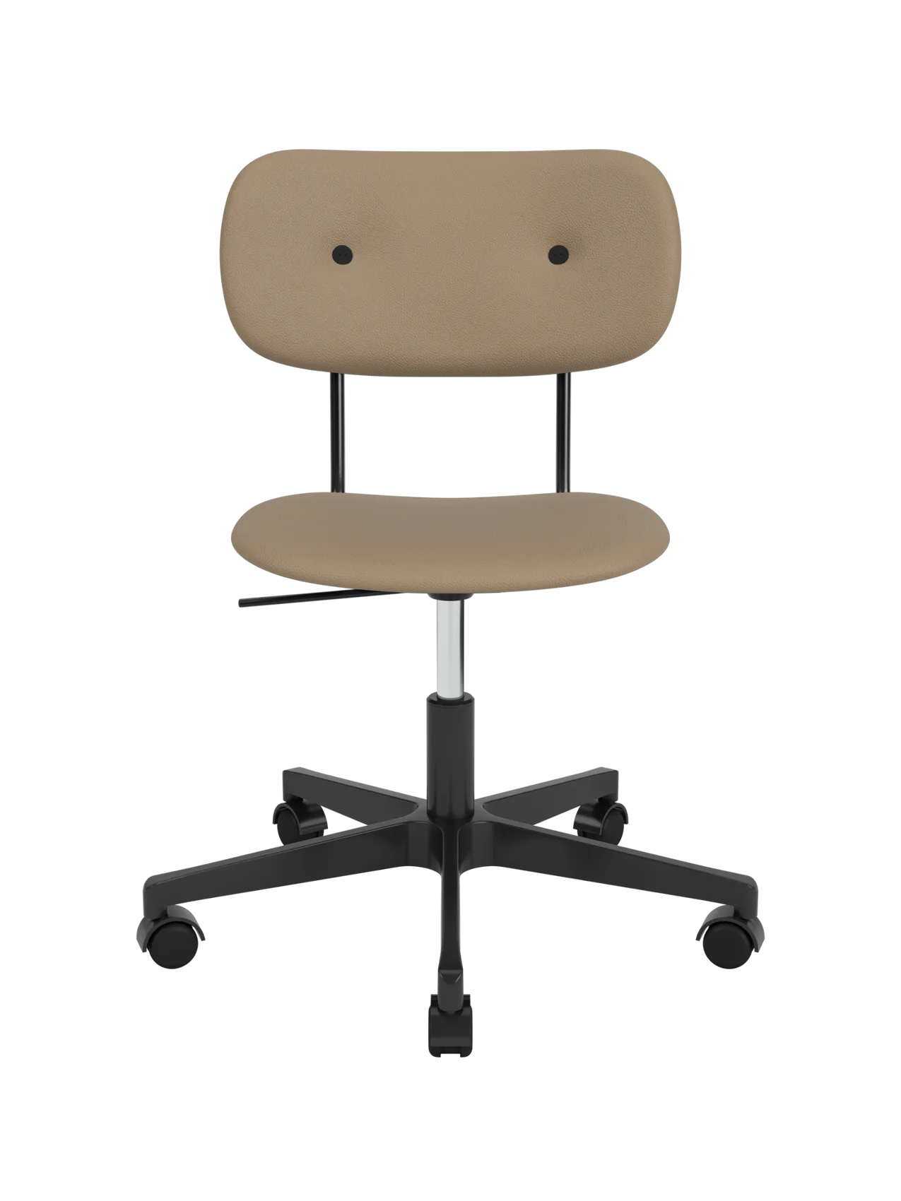 Fully upholstered Co Task Chair in Sierra 1611 tan leather with a black five-star swivel base and casters.