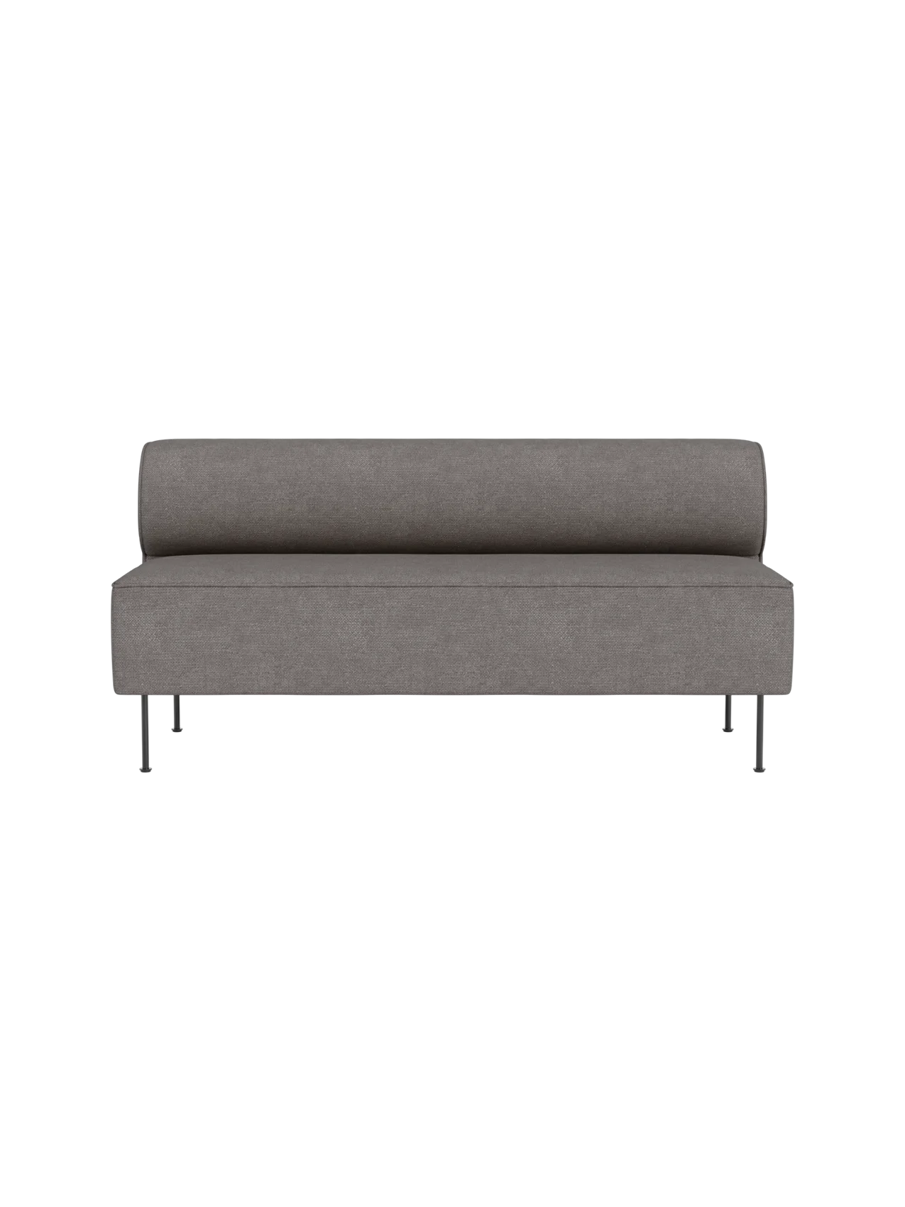 A studio shot of the Eave Dining Sofa in Audo Bouclé 16. The grey, textured sofa viewed from the front on slender metal legs.
