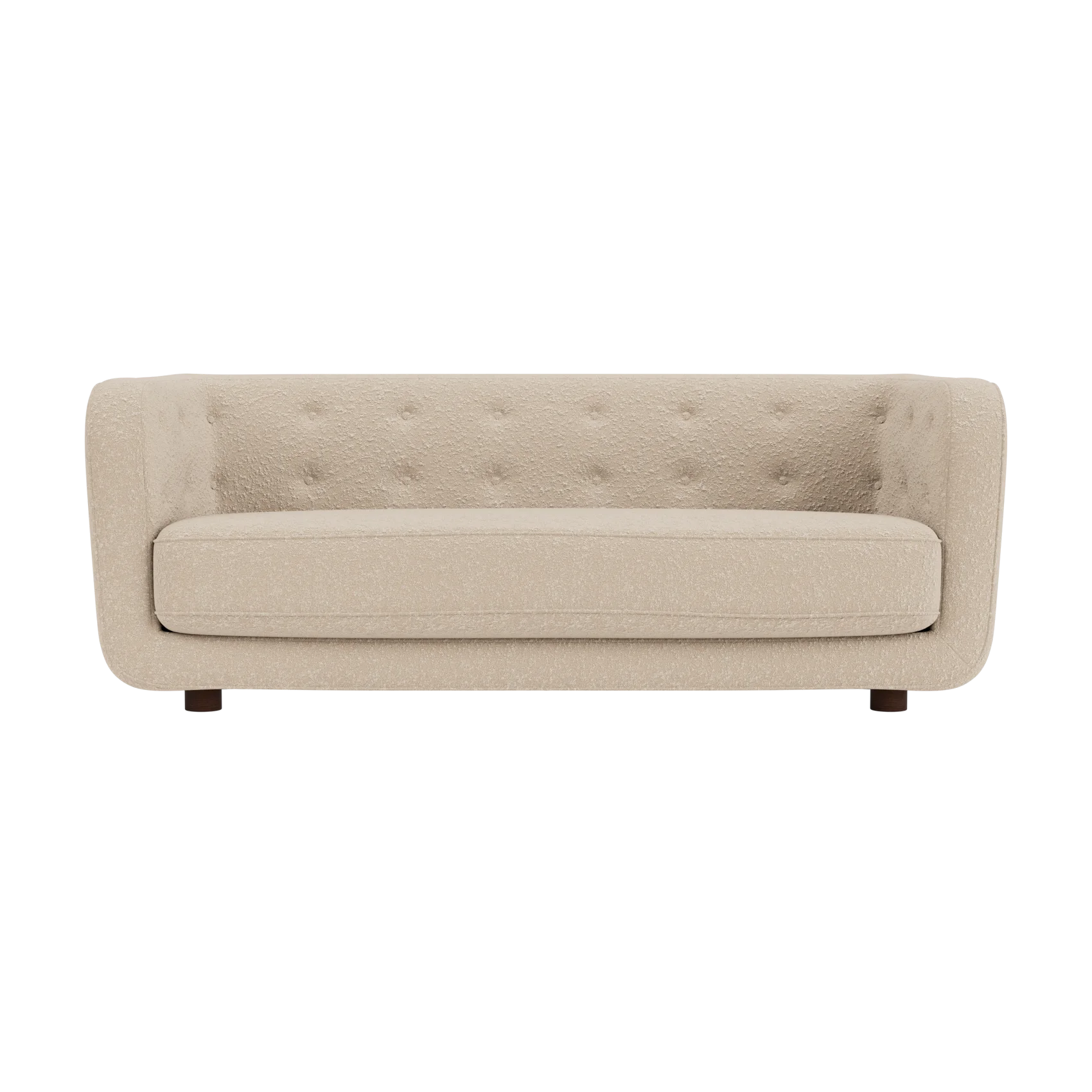 Vilhelm Sofa in cream Sahco Zero bouclé featuring a button-detailed back and rounded arms with dark-stained oak legs.