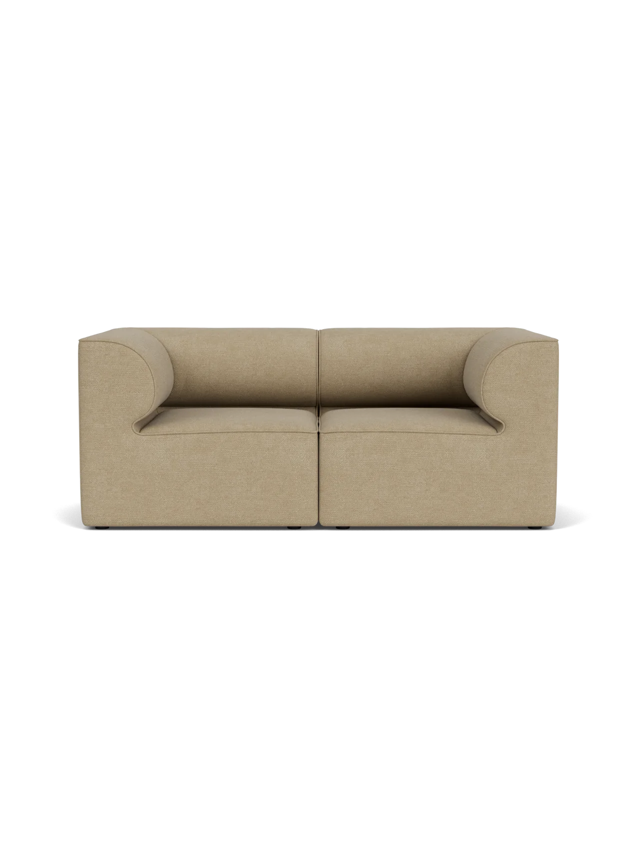 A front view of the Eave Modular Sofa, 86, 2 Seater in a light beige Audo Bouclé 02 fabric, isolated on a black background.
