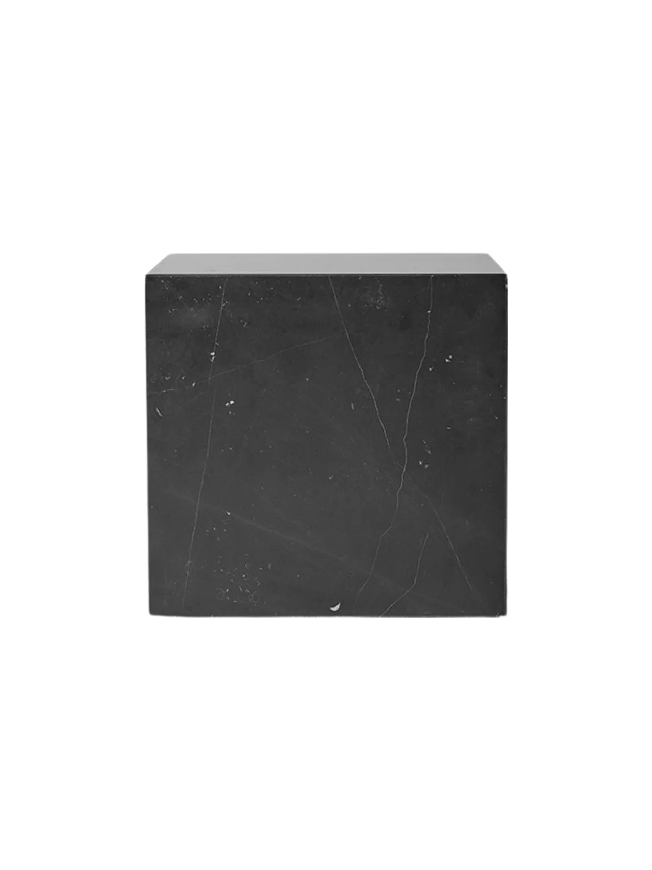 A front-on studio photo of the Plinth Cubic. The minimalist cube is made from black marble with distinctive white veining.