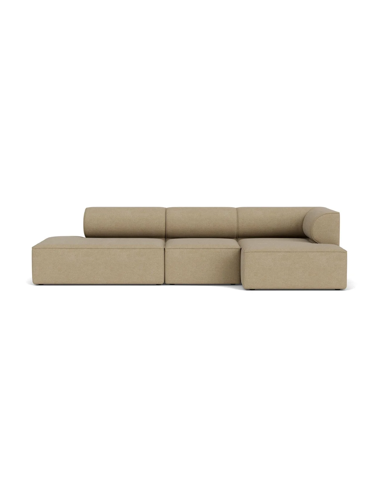 Front view of the Eave Modular Sofa 96, 3.5-seater in Configuration 9, upholstered in a textured, light brown bouclé fabric.