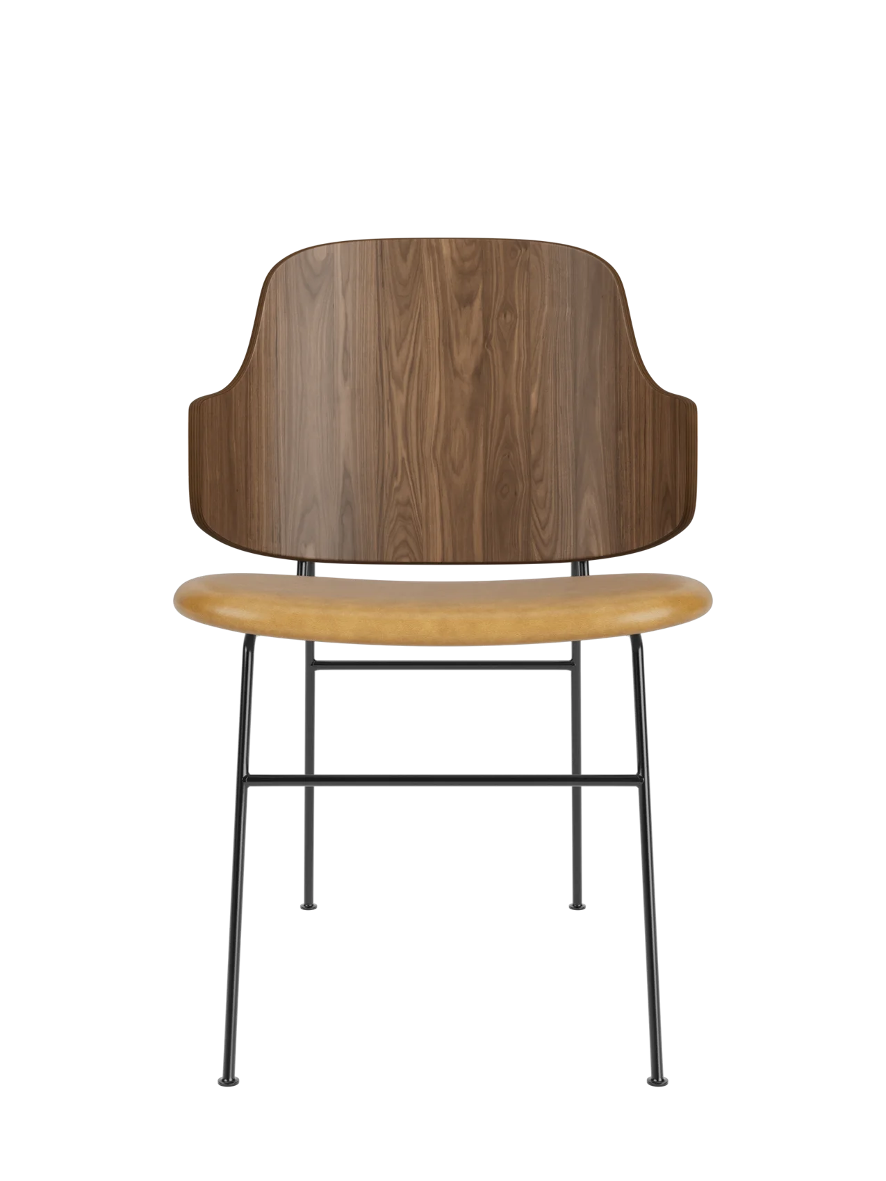 The Penguin Dining Chair featuring a curved walnut back and tan upholstered seat on a slender black metal frame.