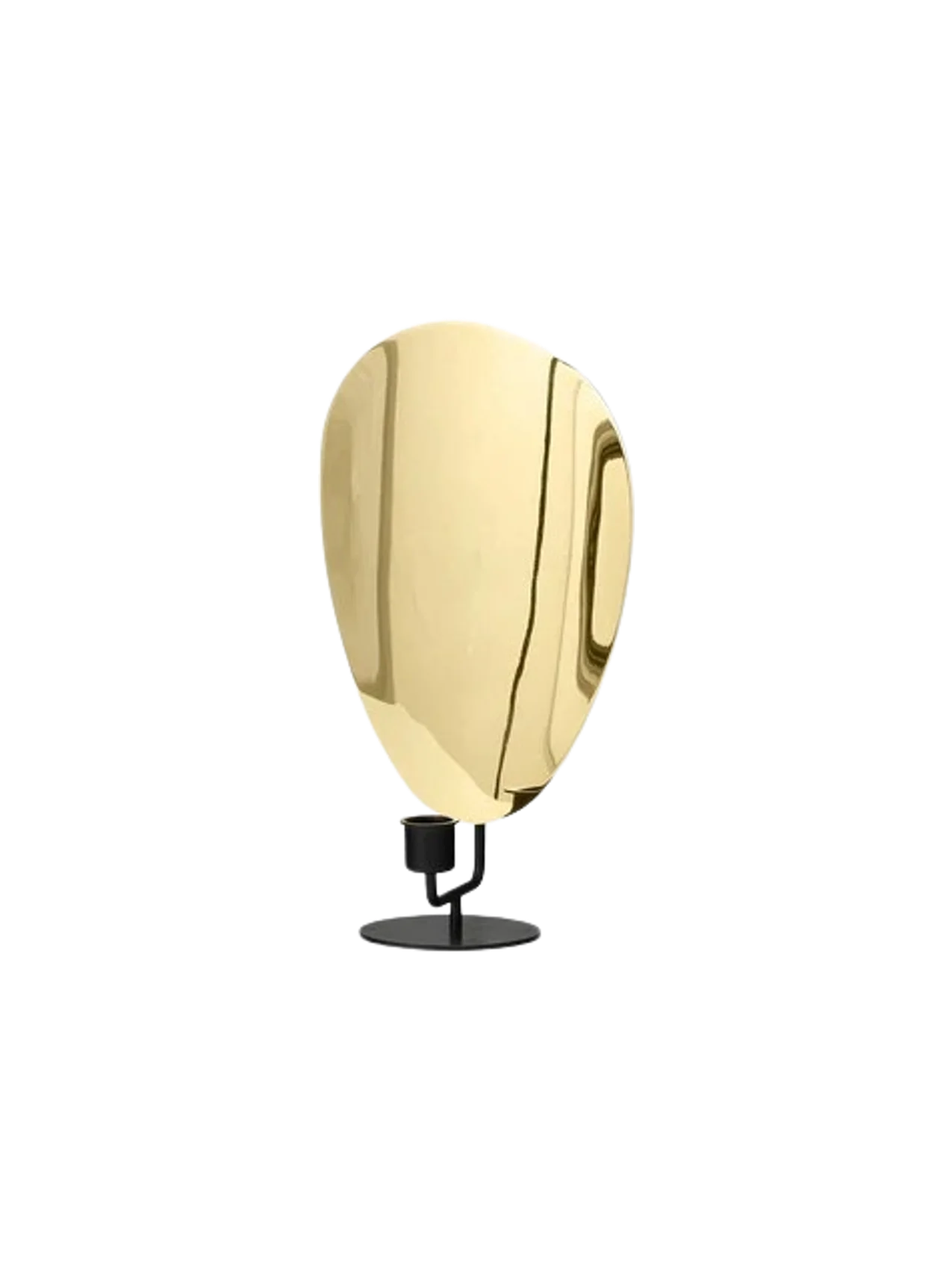 Angled view of the Flambeau Candle Holder H30, with its black base and polished brass plate that reflects candlelight.