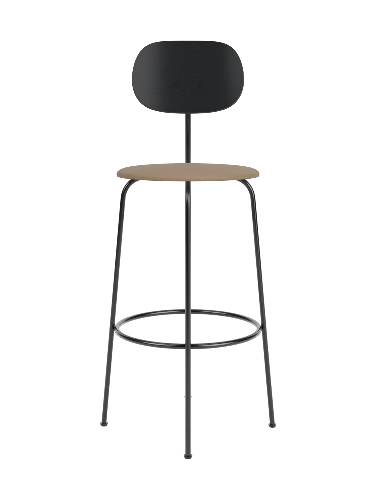 Afteroom Bar Chair Plus featuring a tan upholstered seat, black painted oak backrest and slender black steel frame.