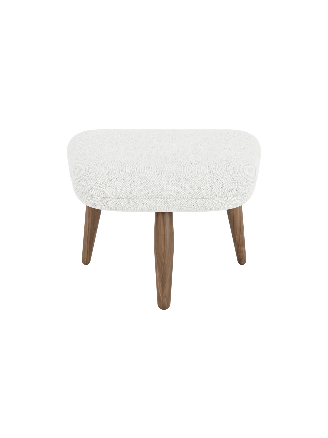 Front view of the Oda Ottoman. Cushioned seat in light grey Hallingdal 110 fabric and four tapered walnut legs.