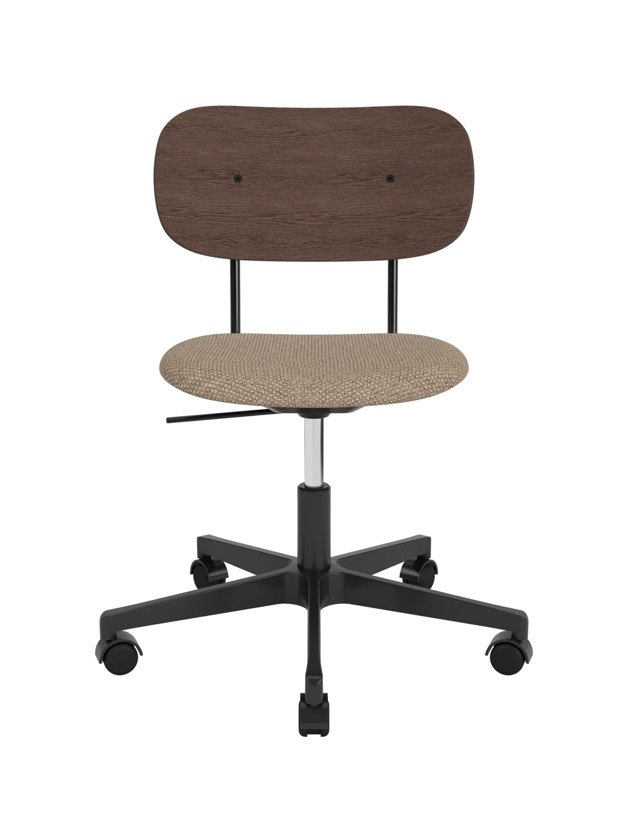 Co Task Chair with a dark stained oak back and Logan Flint upholstered seat on a black swivel base with castors.