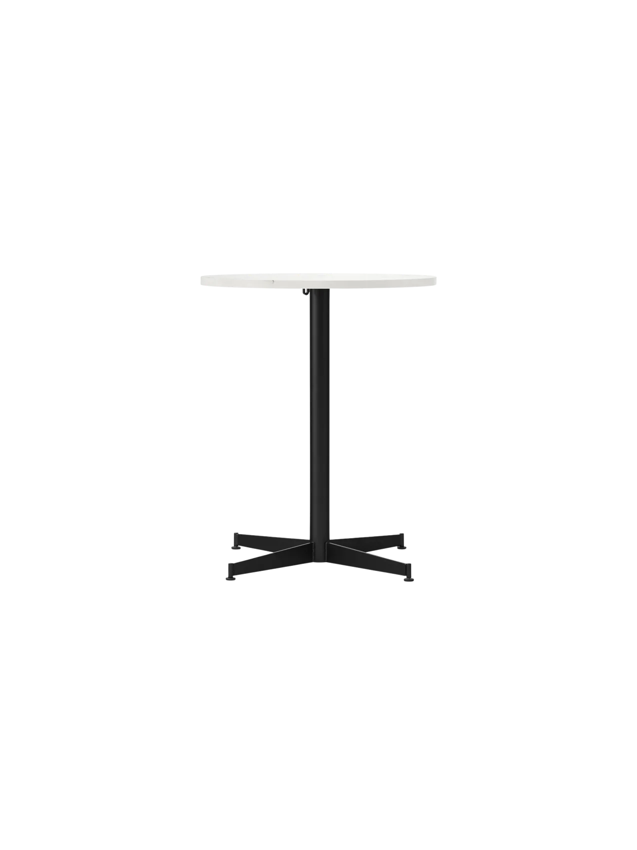 Front view of the Nook Dining Table with a round Estremoz marble top and a black powder-coated steel four-star base.