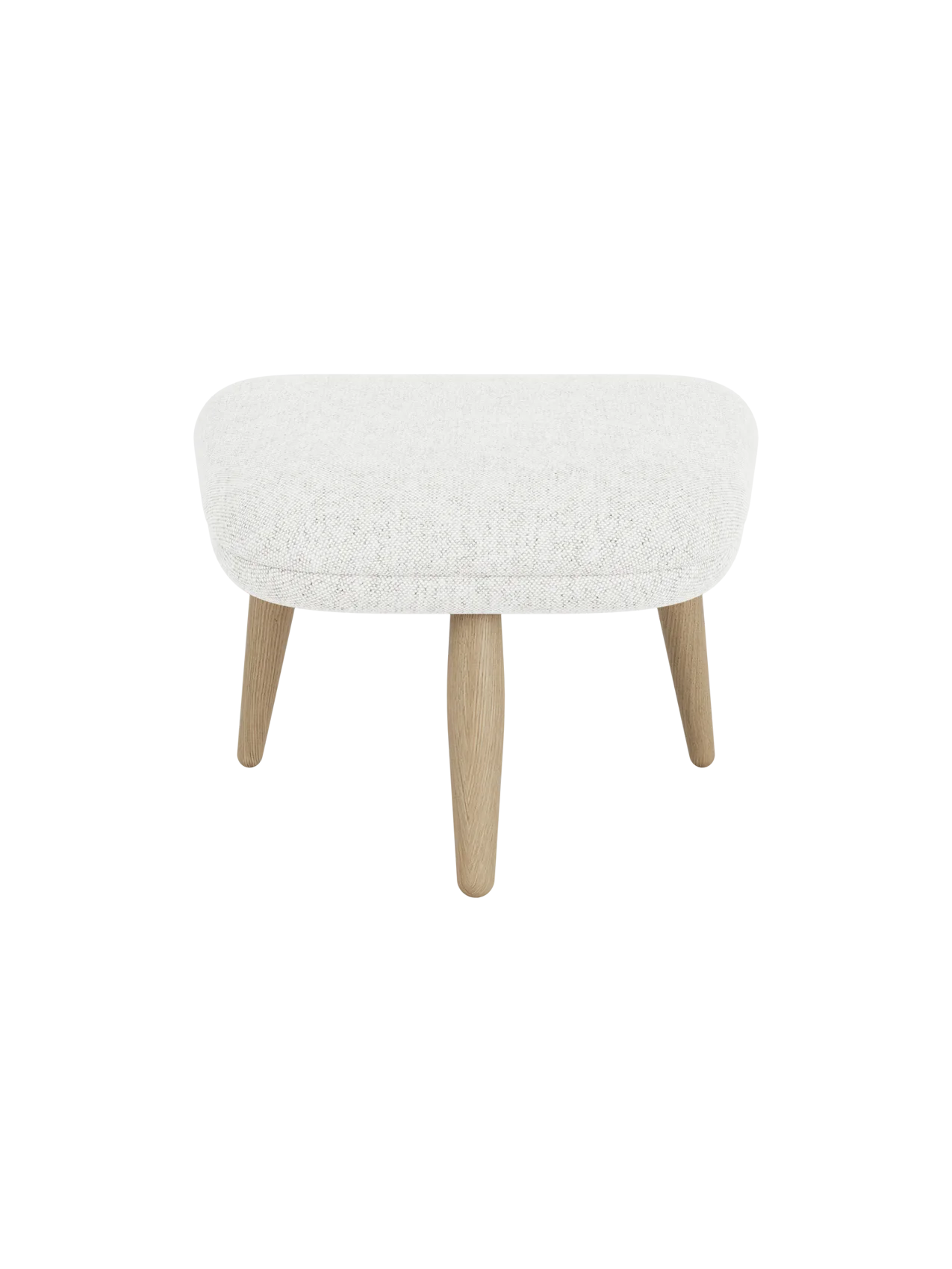 An Oda Ottoman with a light grey textured fabric seat and four tapered legs in natural oak, viewed from the front.