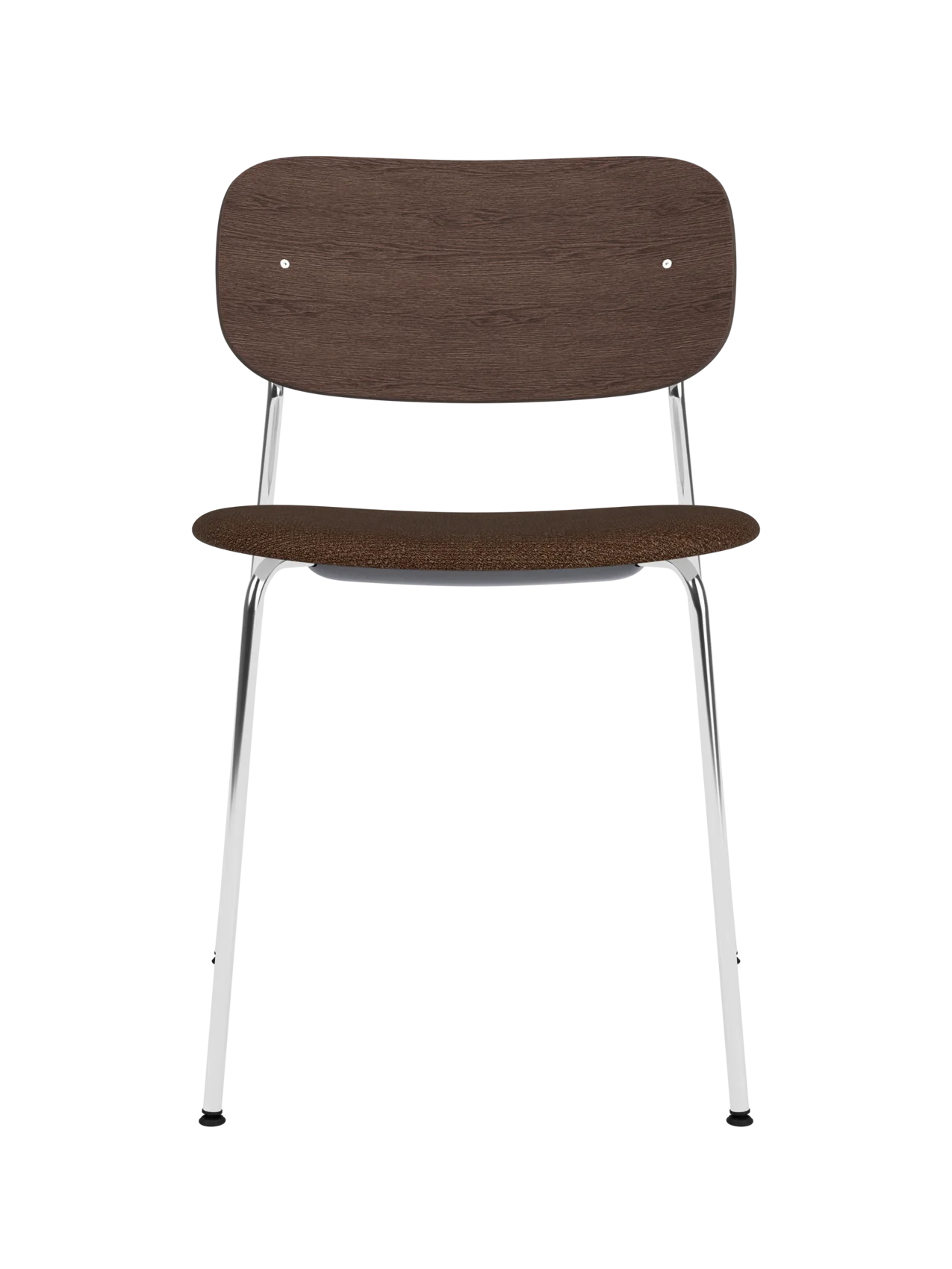 Co Dining Chair with chrome frame, dark stained oak backrest and dark bouclé upholstered seat on a white background.
