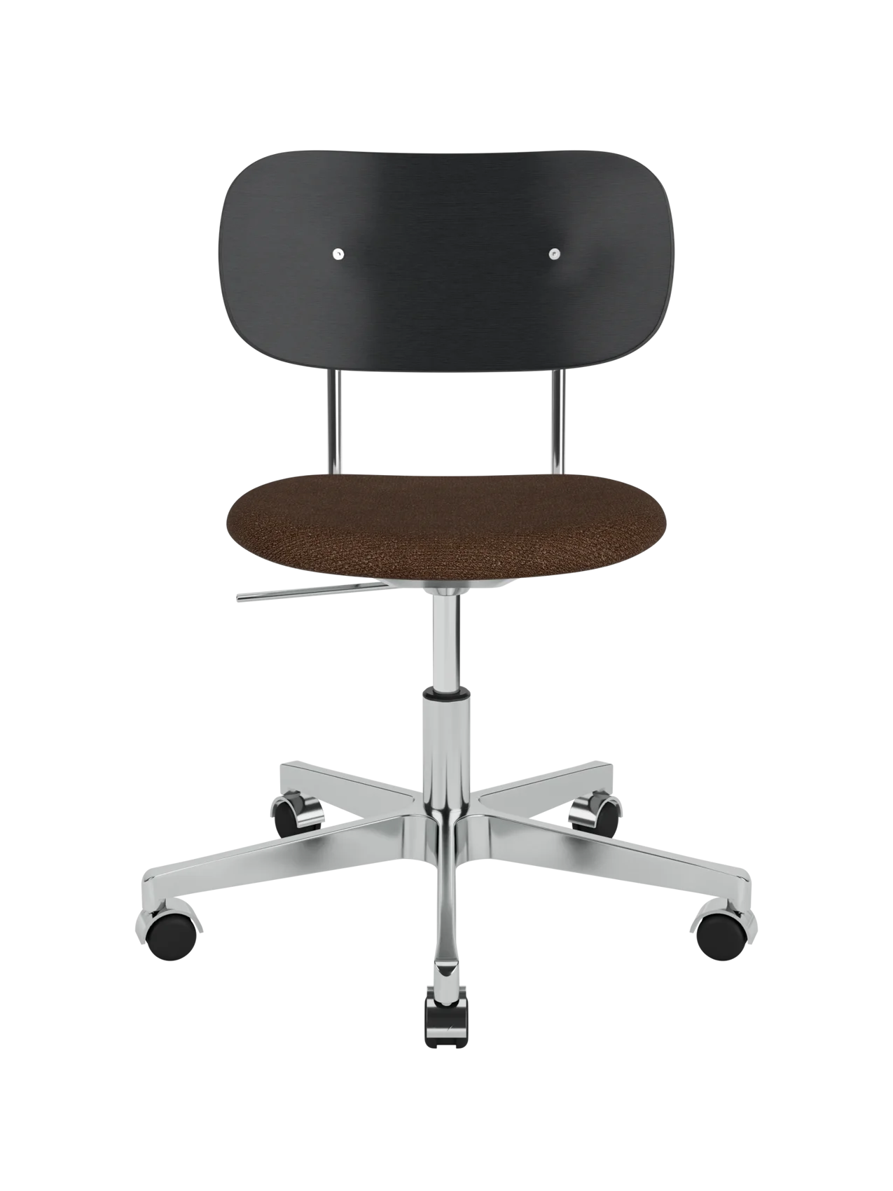 Co Task Chair with a brown Audo Bouclé seat, black oak backrest and a polished aluminium swivel base with castors.
