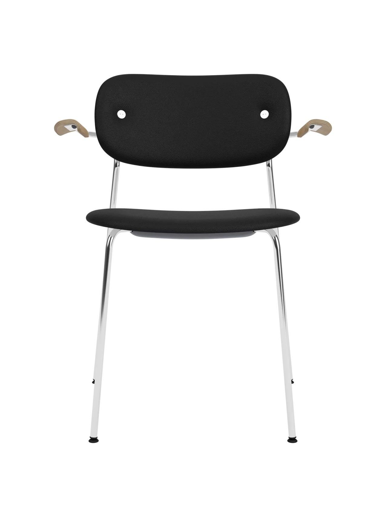 Fully upholstered Co Dining Chair with black Sierra 1001 leather, natural oak armrests and chrome legs.