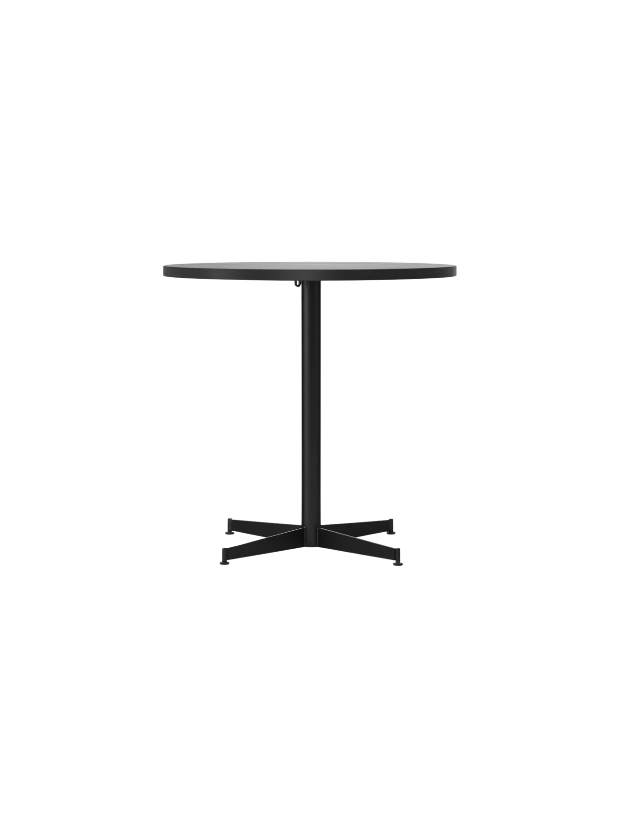 Front view of the Nook Dining Table with a round Estremoz Marble top and a black powder-coated steel four-star base.