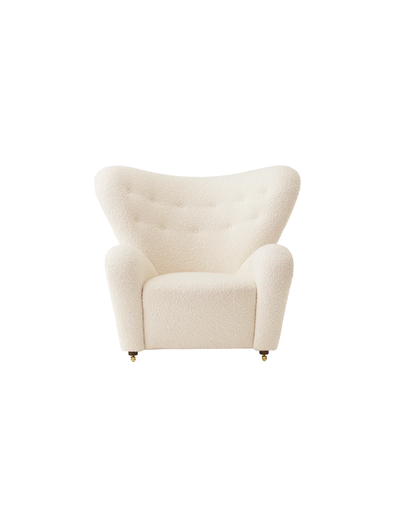 Front view of The Tired Man Lounge Chair. Upholstered in an off-white textured fabric with a high, winged, buttoned back.