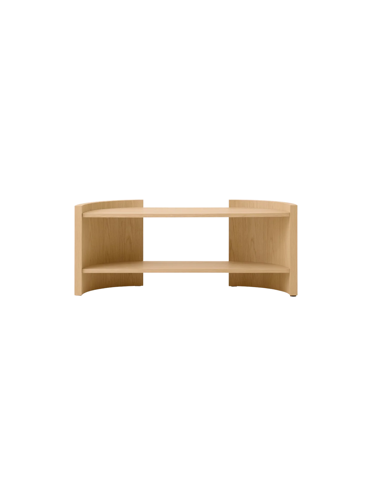 Front view of a low, curved, two-tiered console table in a light oak finish, set against a solid black background.