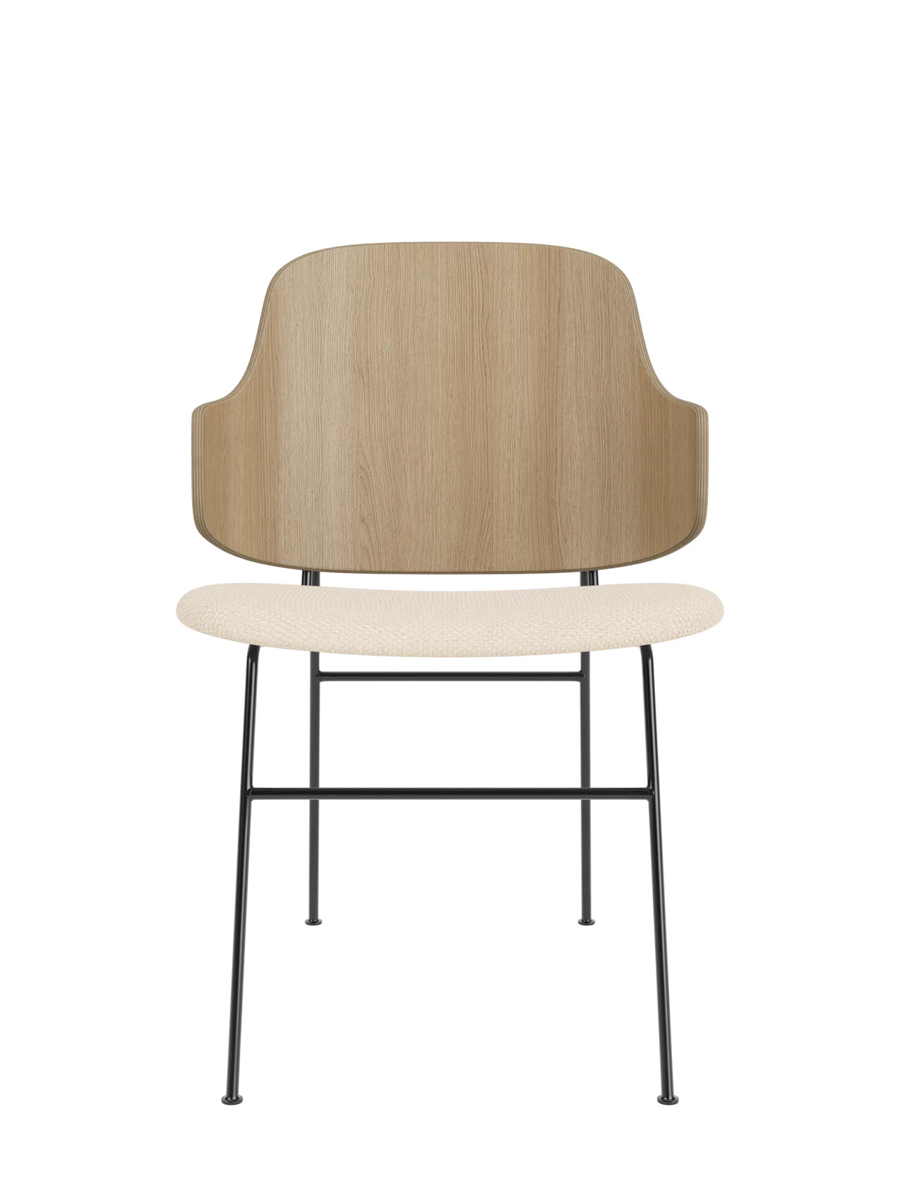 The Penguin Dining Chair with a natural oak back and Logan Jasmine upholstered seat on a slender black steel frame.