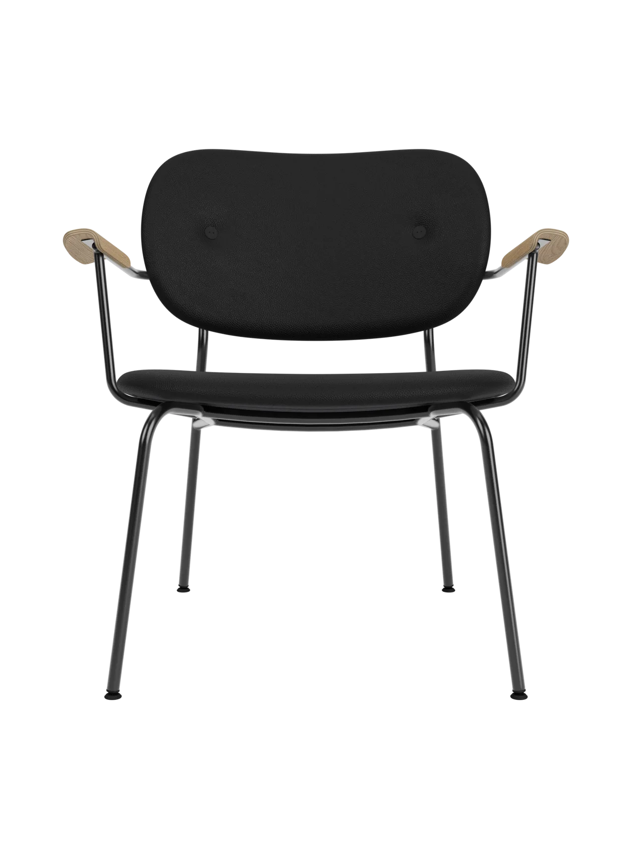 Fully upholstered Co Lounge Chair in black Sierra leather with natural oak armrests and a slender steel frame.