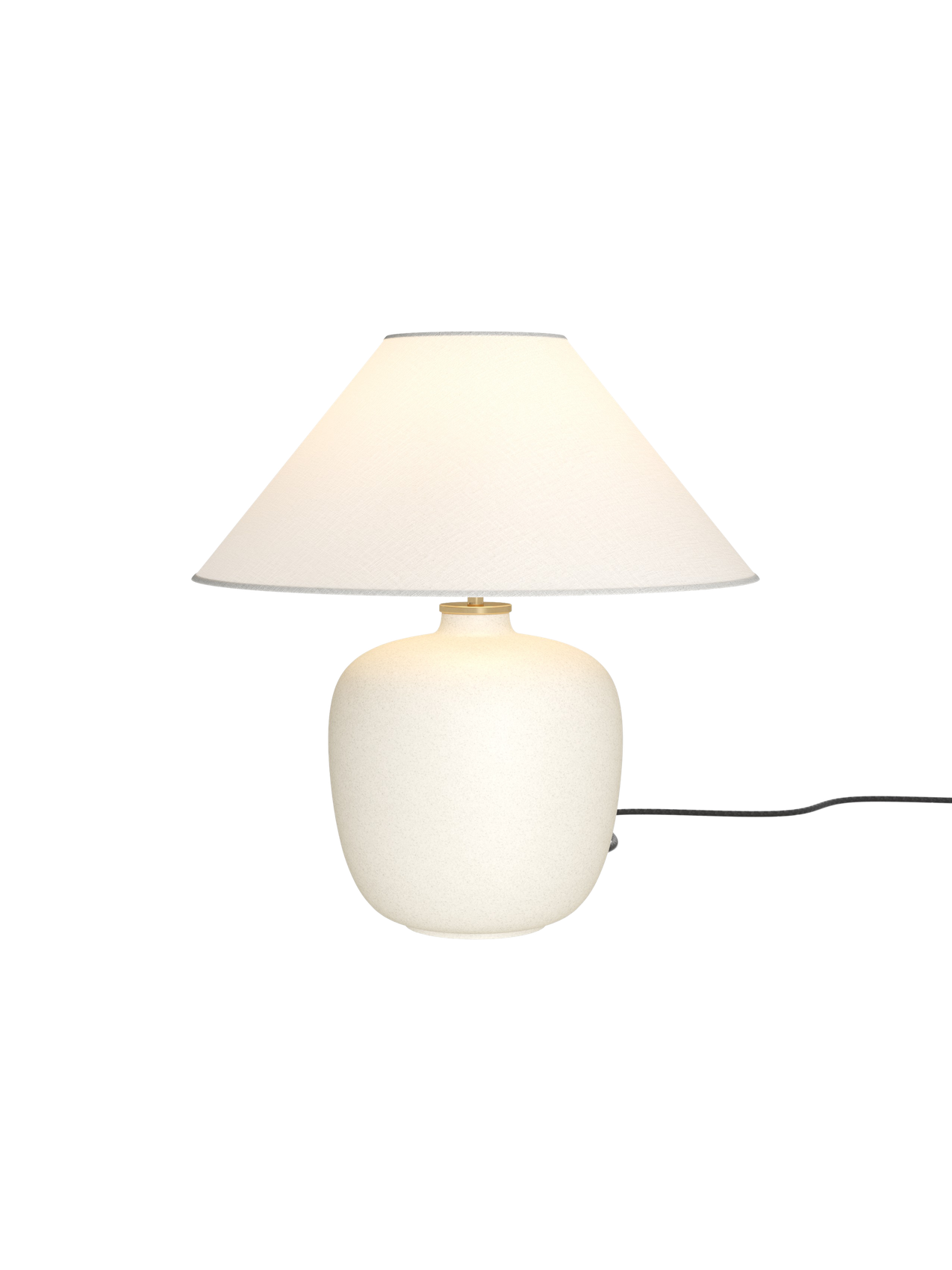 A front-on photograph of the Torso Table Lamp, 37. The lamp is lit, featuring an off-white ceramic base and a linen shade.
