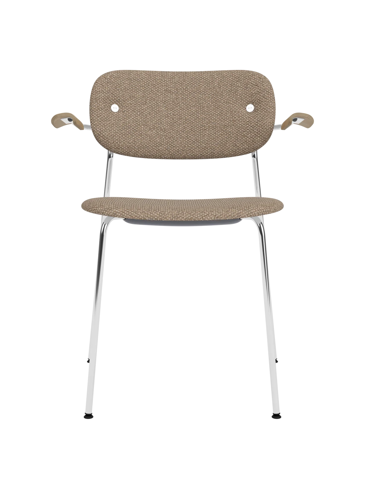 Co Dining Chair with chrome frame, Logan Flint fabric upholstery and natural oak armrests on a plain background.