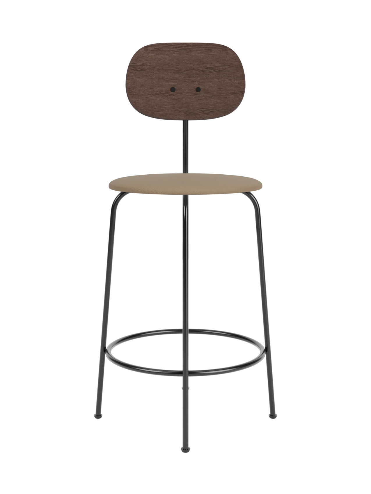 Afteroom Counter Chair Plus with a dark stained oak back and tan Sierra 1611 upholstered seat on a black frame.