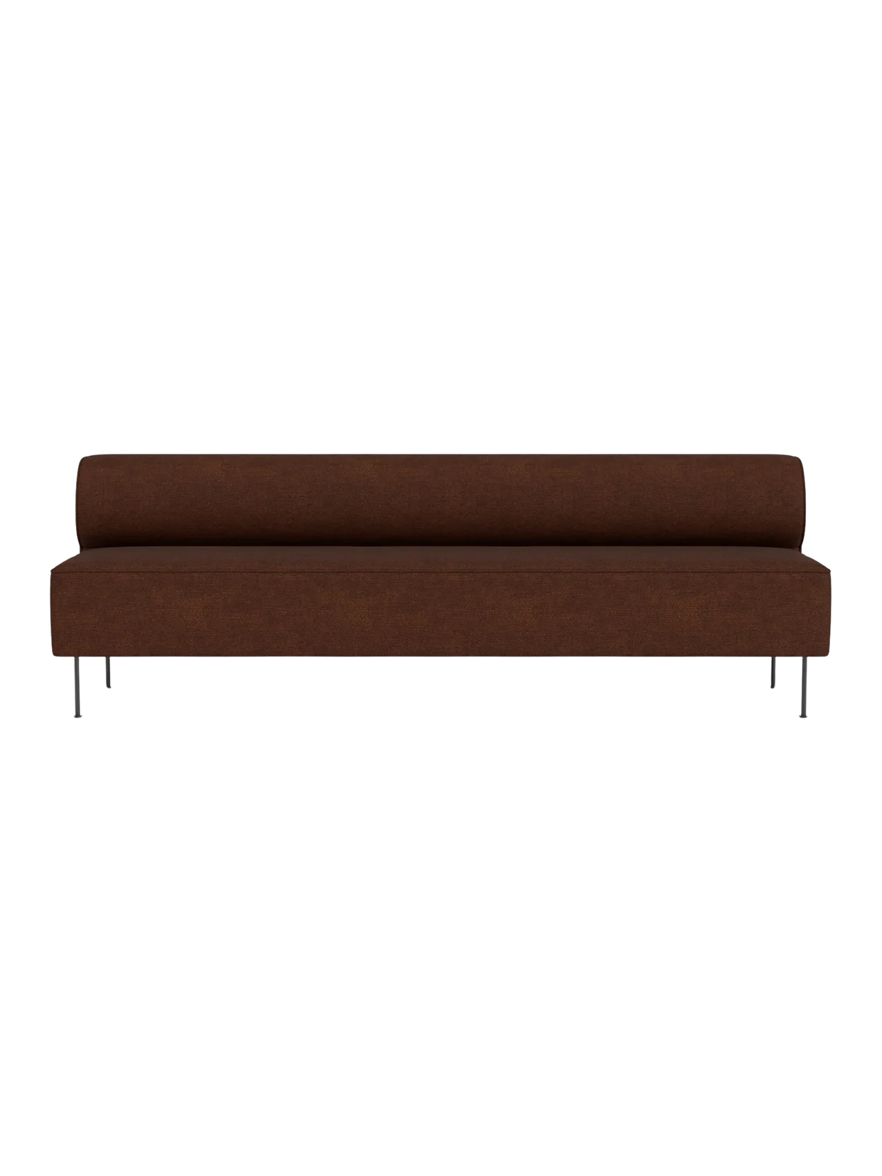 Front view of the Eave Dining Sofa, a long, minimalist sofa in textured brown fabric with a low back and thin legs.