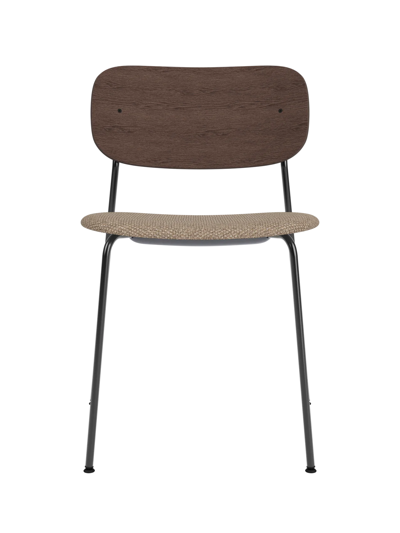 Co Dining Chair with black steel frame, dark stained oak backrest and textured Logan Flint upholstered seat.