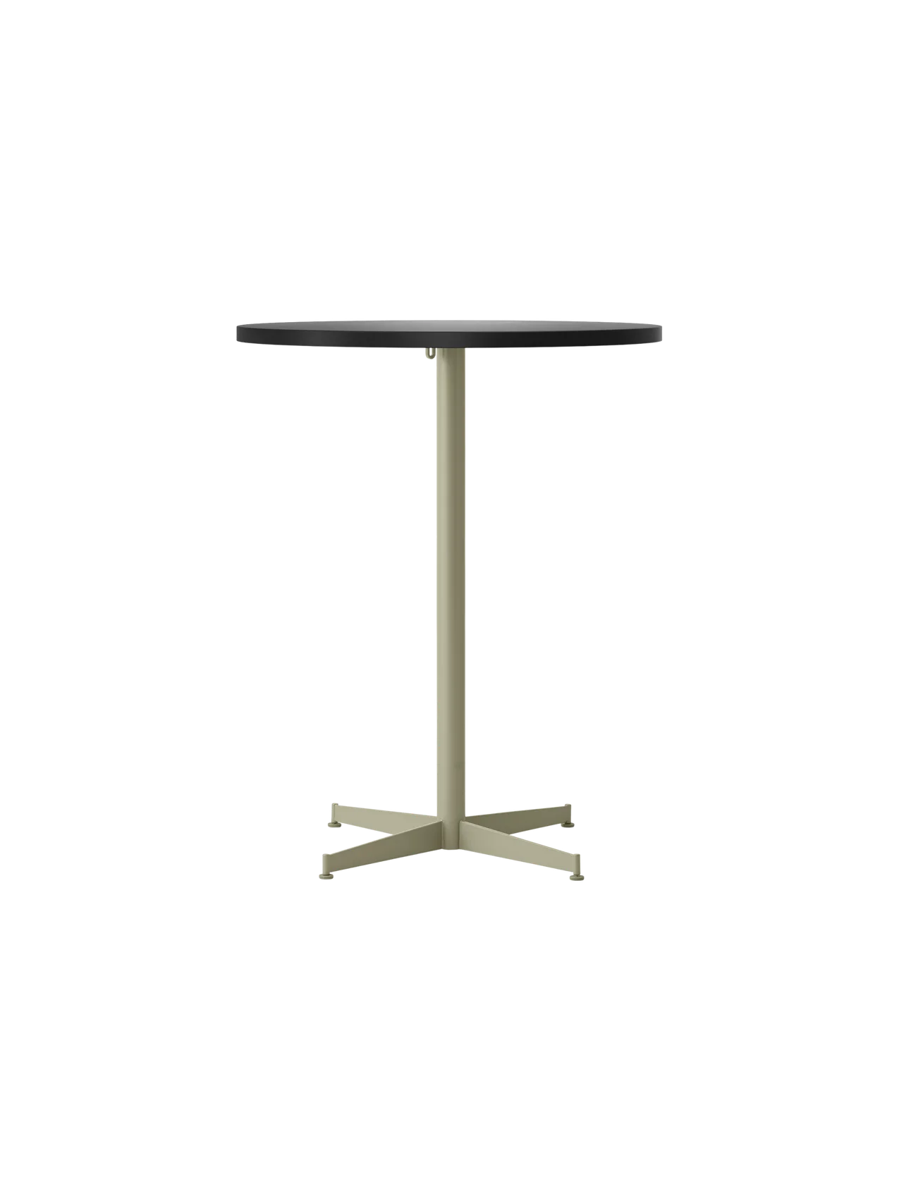 Front-on photograph of the Nook Counter Table, showing its round, charcoal linoleum top and slim, olive-coloured metal base.