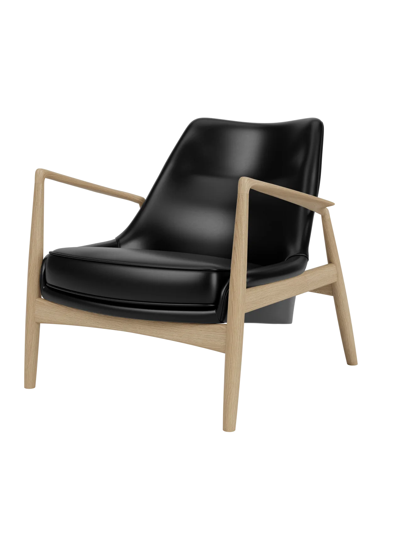 The Seal Lounge Chair, Low Back, shown at a three-quarter angle, featuring a natural oak frame and black leather upholstery.