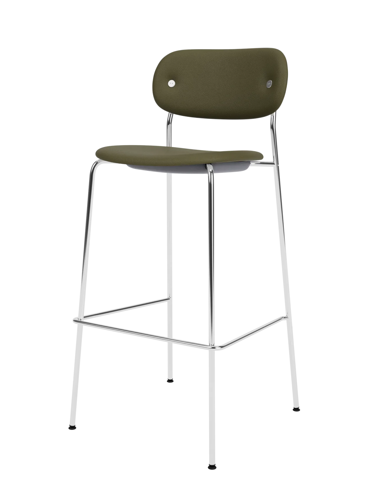 Fully upholstered Co Bar Chair in olive Sierra 0441 with a slender chrome steel frame and footrest.