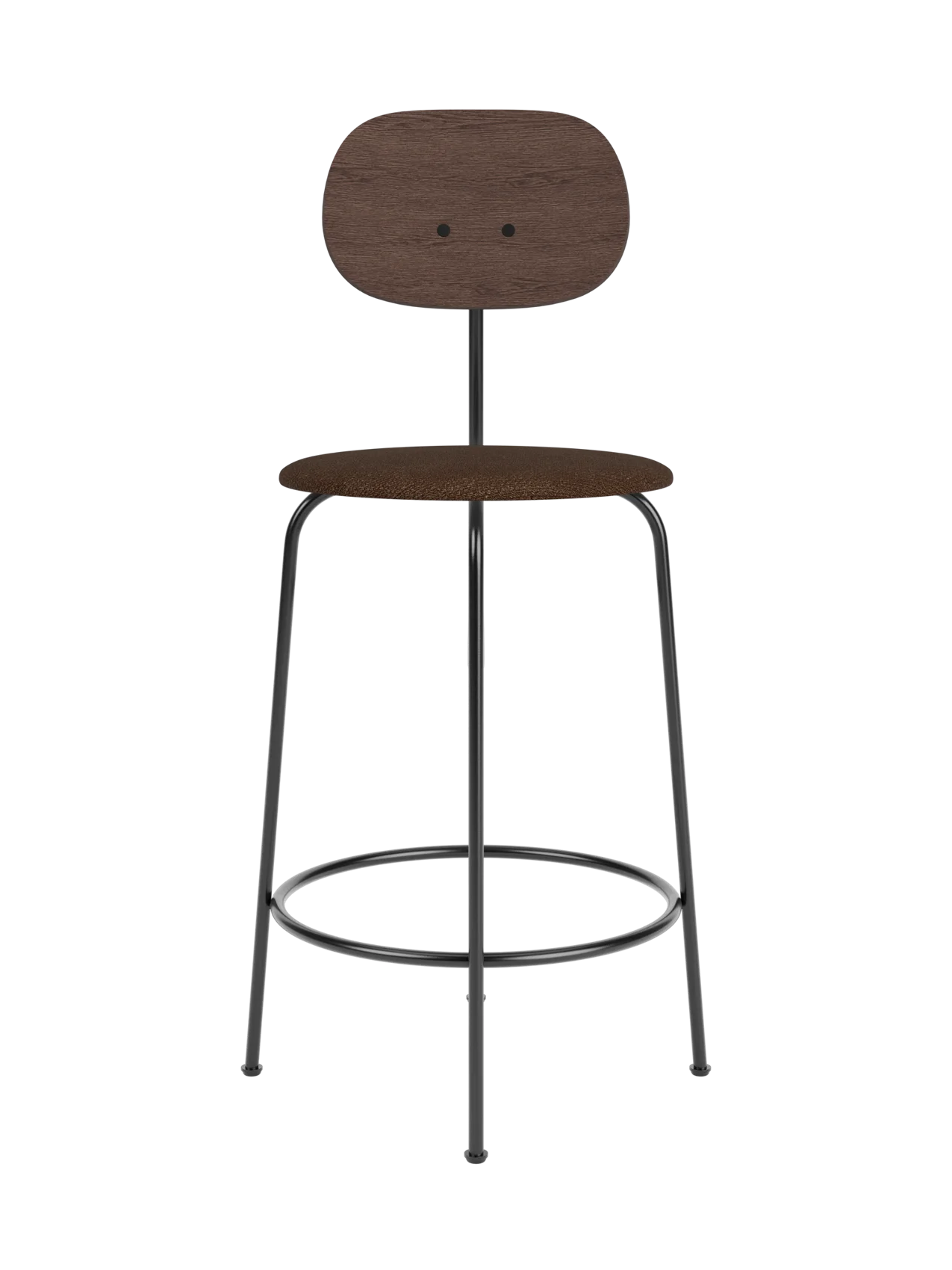 Afteroom Counter Chair Plus with a dark stained oak backrest and brown bouclé upholstered seat on a black metal frame.