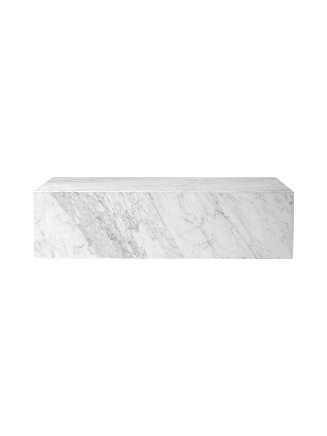 Front view of the Plinth Low, a rectangular podium made of white Carrara marble with grey veins, against a black background.