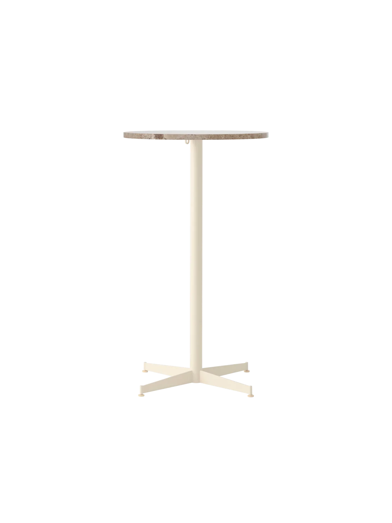 Front view of the Nook Bar Table with a round Kunis Breccia stone tabletop on a slender, ivory powder-coated steel base.