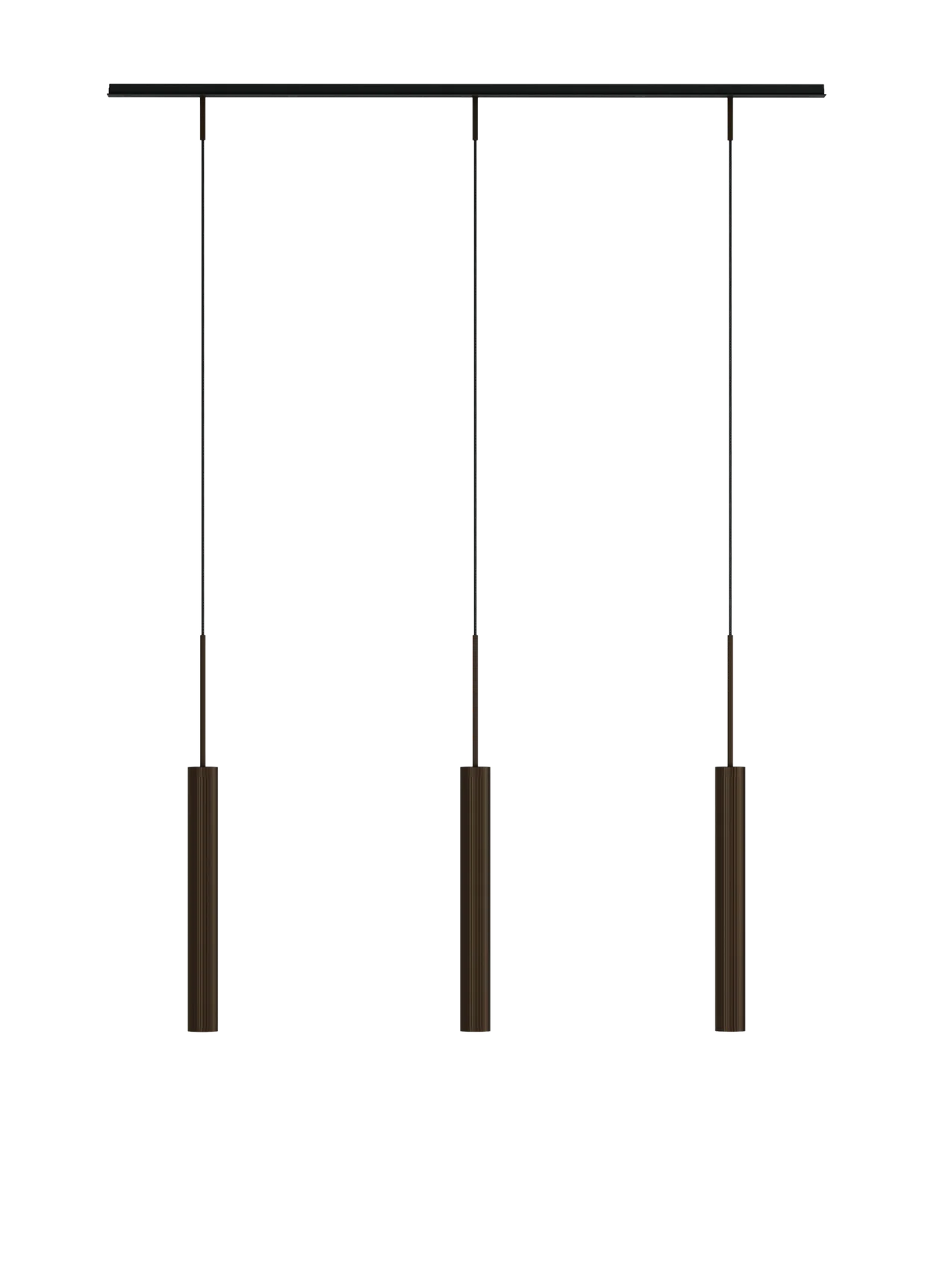 A front-on studio shot of the Tubulaire Rail Pendant with three reeded, bronzed brass lights against a stark black background