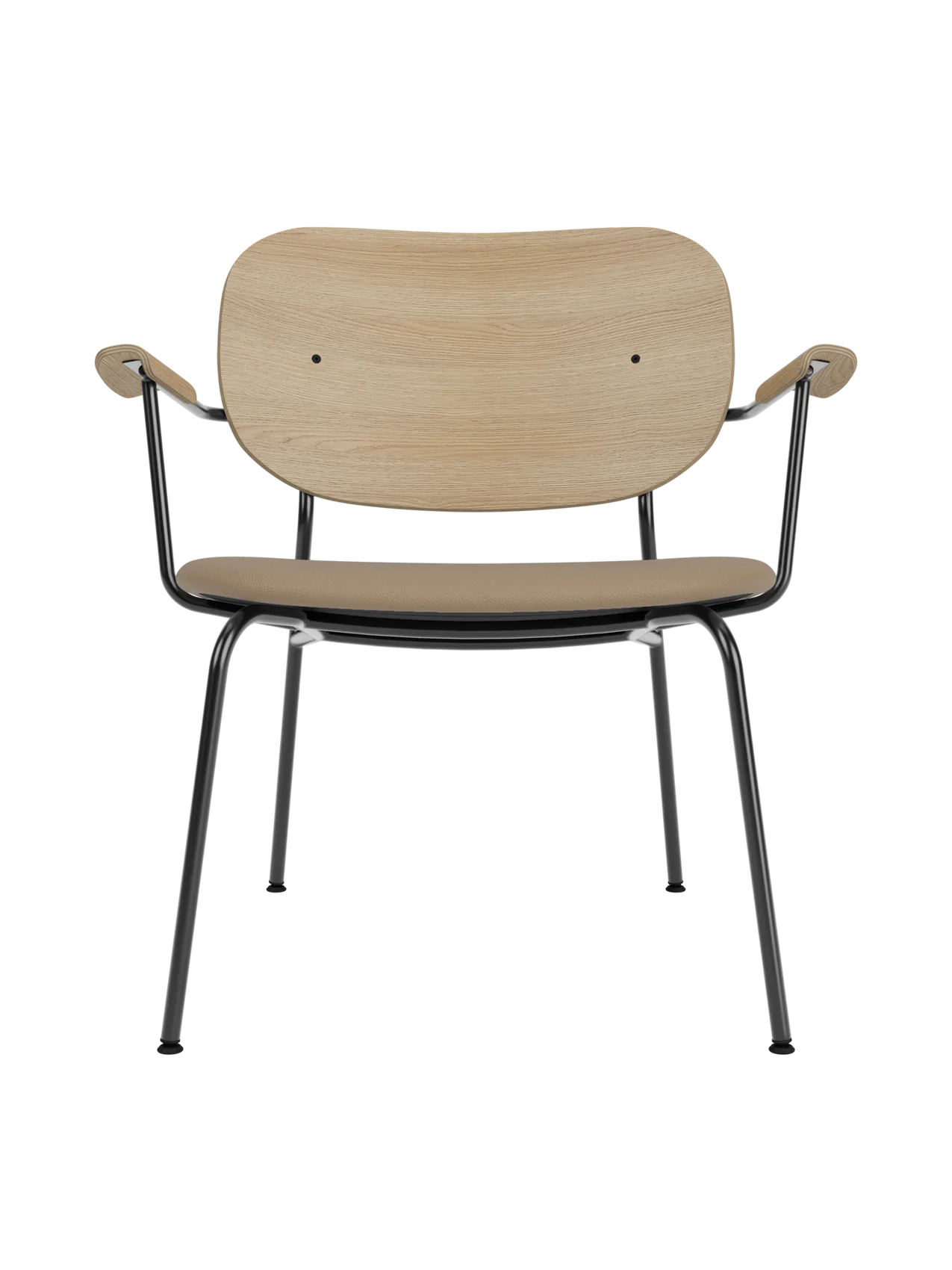 Co Lounge Chair with a natural oak backrest and tan Sierra 1611 upholstered seat on a slim black steel frame.