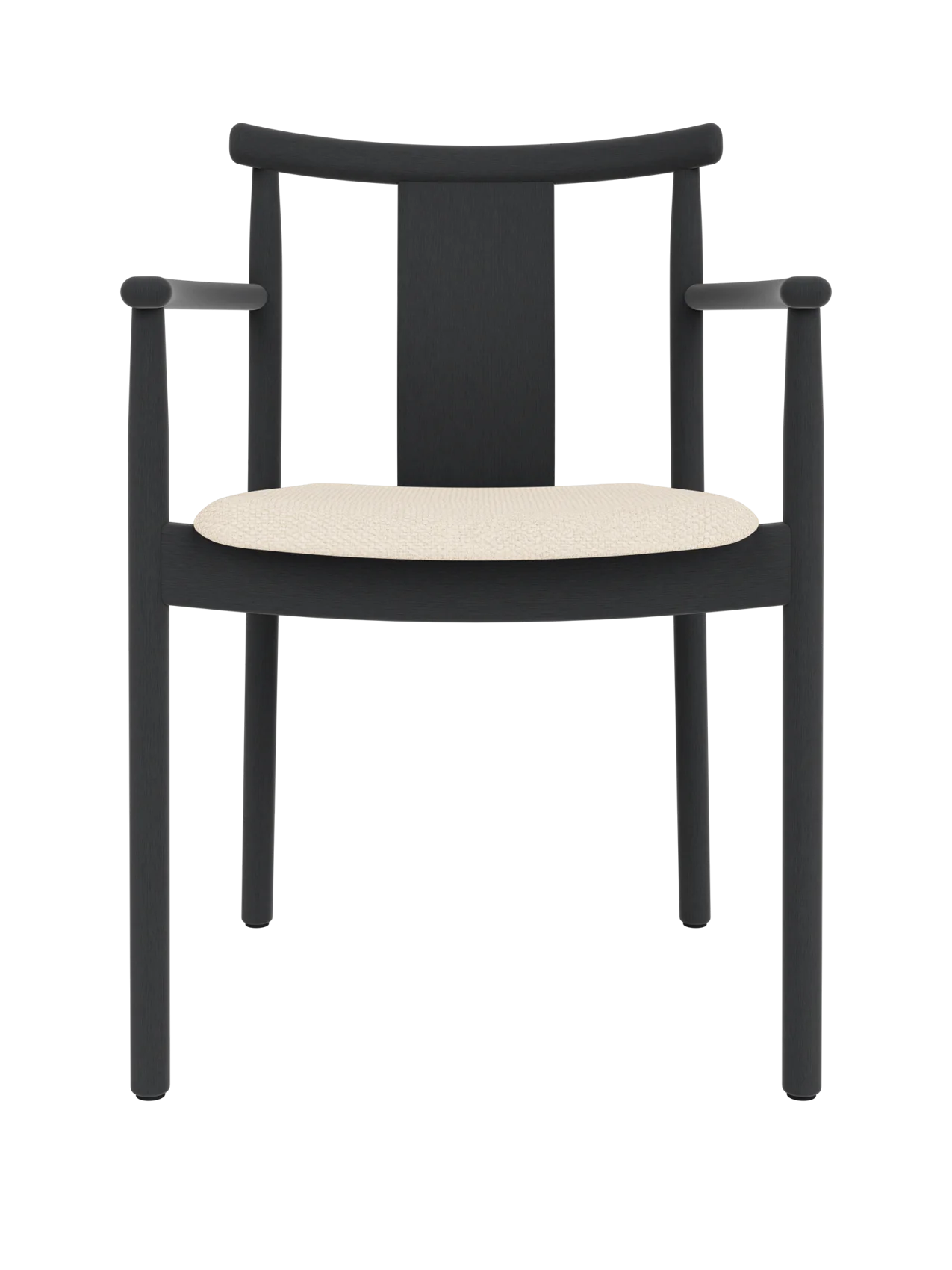 Merkur Dining Chair with armrests in black stained oak, featuring a cream Logan Jasmine fabric upholstered seat.