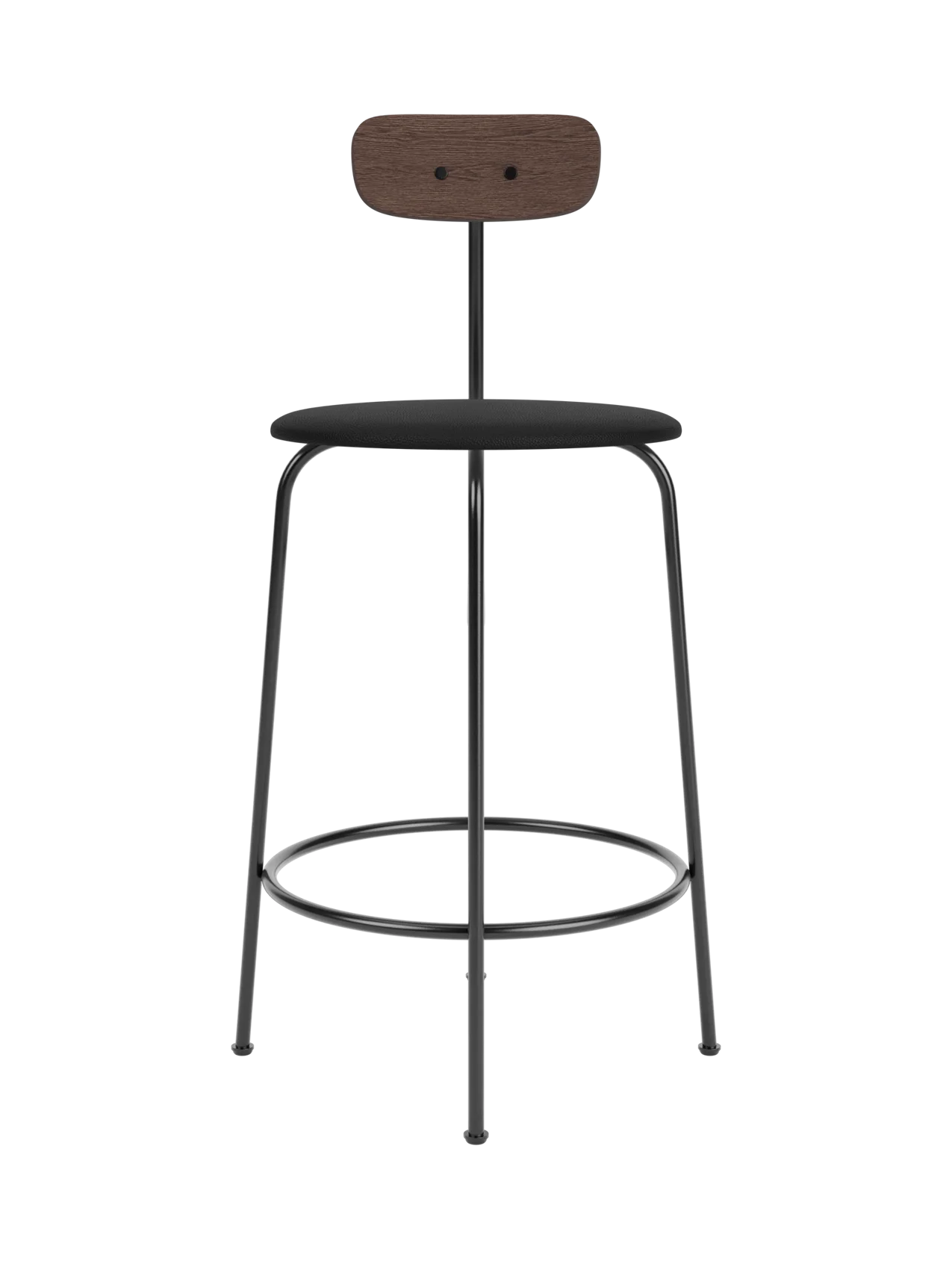Afteroom Counter Chair featuring a black upholstered seat, dark stained oak backrest and a four-legged black steel frame.
