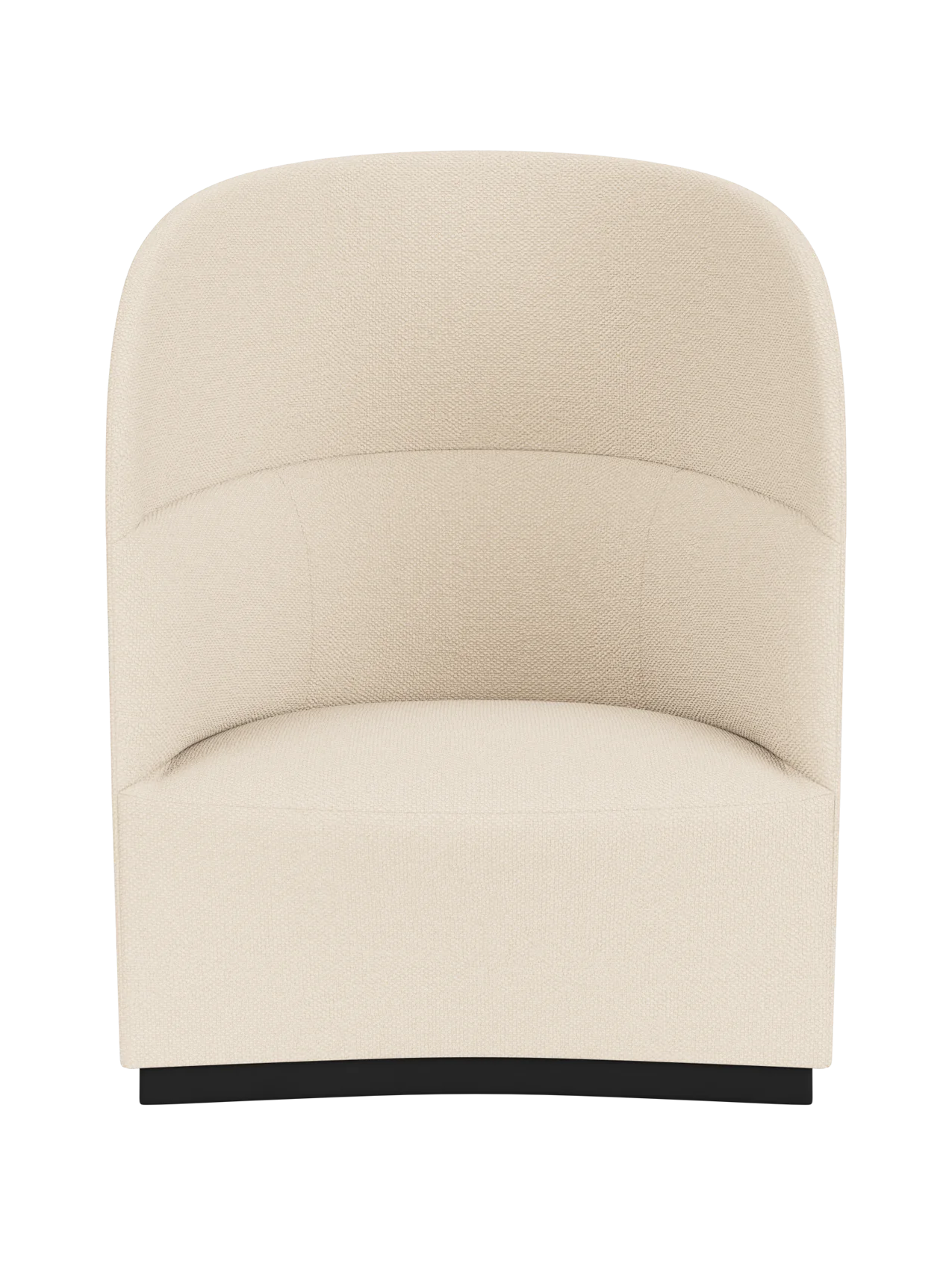 Front view of the Tearoom Lounge Chair, High Back, upholstered in light cream Logan Jasmine fabric with black plinth base.